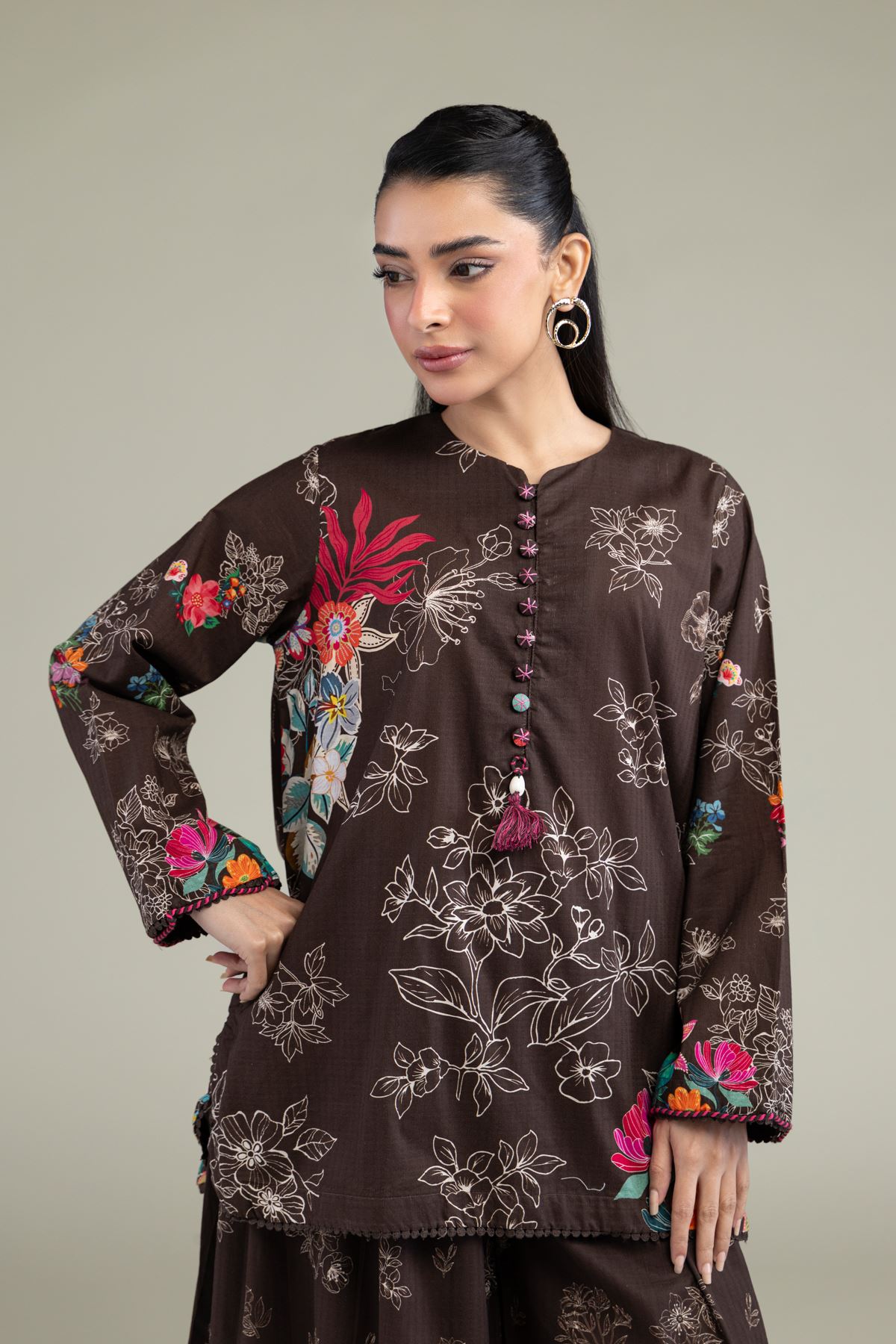 Printed Cotton Dobby Floral Brown Kurta - 8-26-204-A-D1-VG