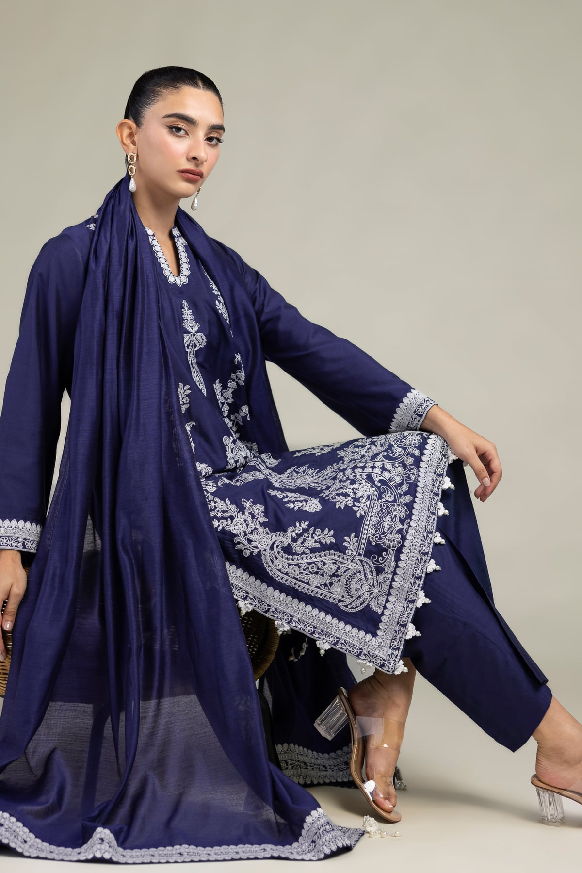 Raw Silk Navy Floral Kurta - 2-26-303-B-H1-VG