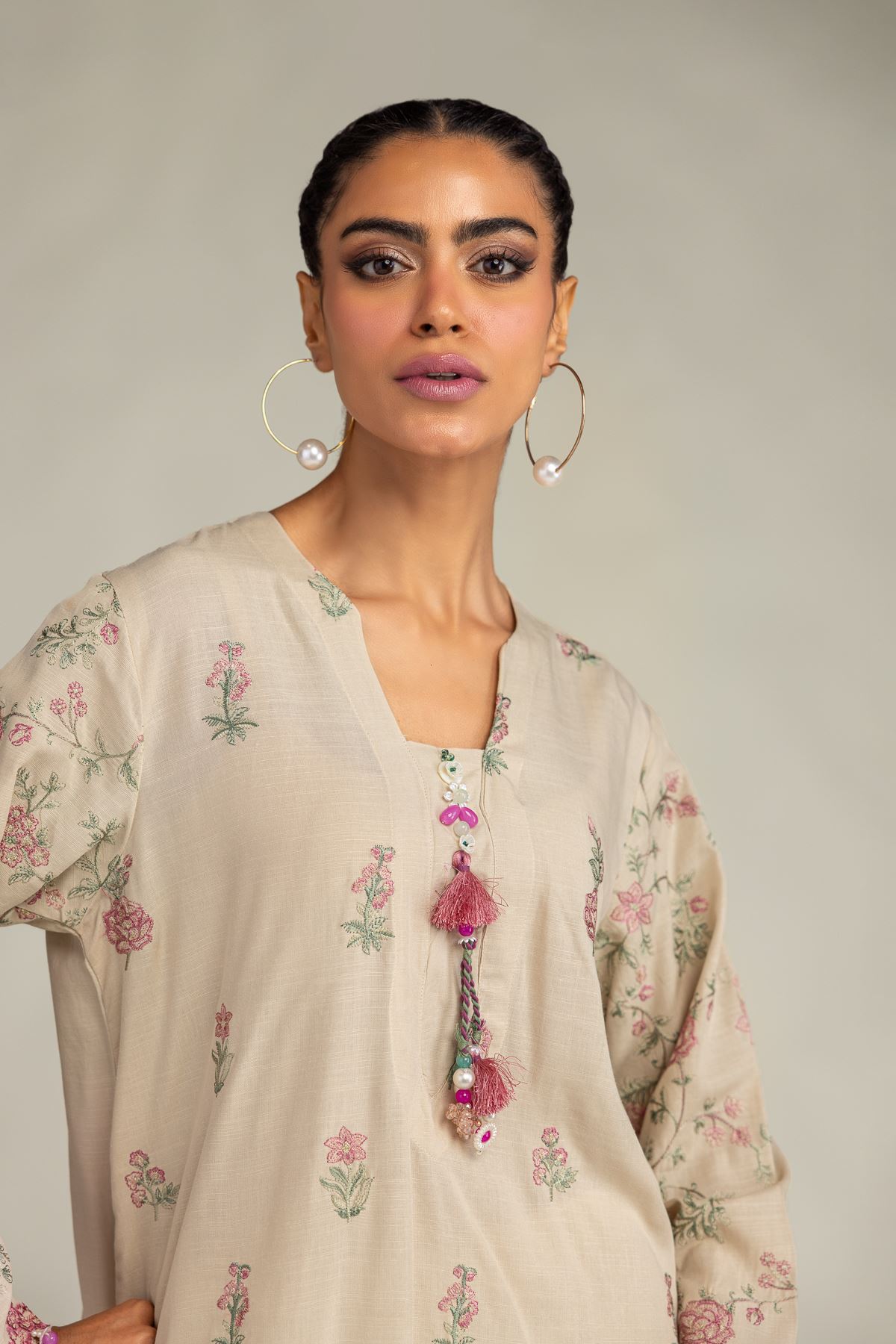 Embroidered Raw Silk Floral Beige Kurta - 1-26-322-B-A1-VG