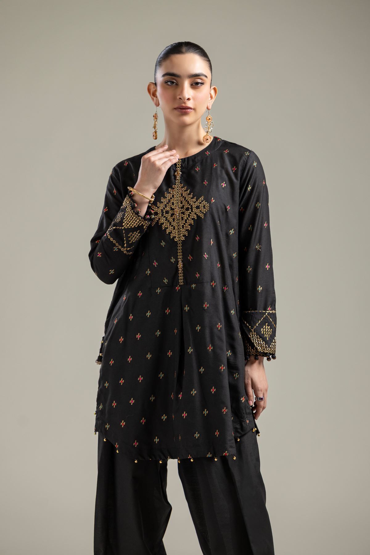 Raw Silk Short Black Kurta - 2-26-107-A-F-VG