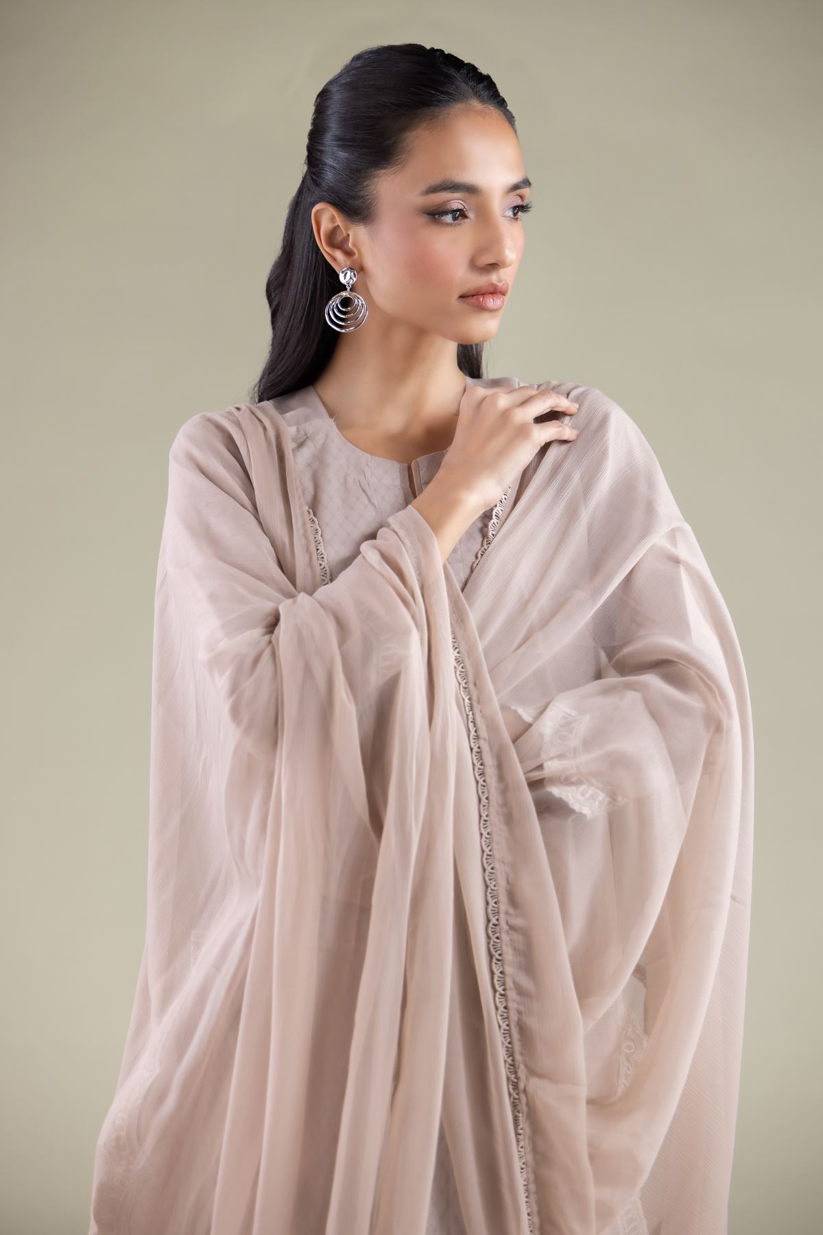 Embroidered Chiffon Draped Lace Dupatta - 1001915626