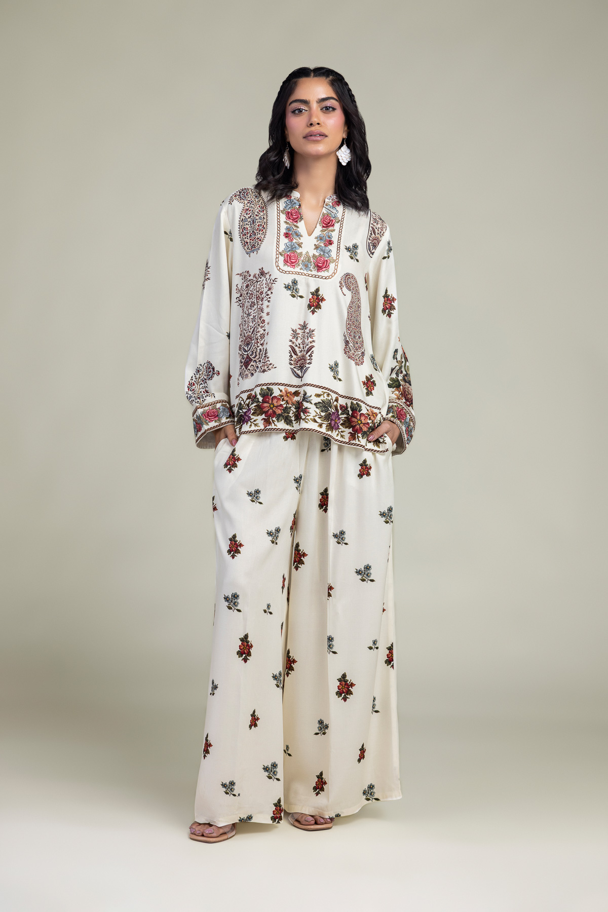 Embroidered Viscose Crepe Floral V-Neck Shirt - 1-26-229-B-F1-VG