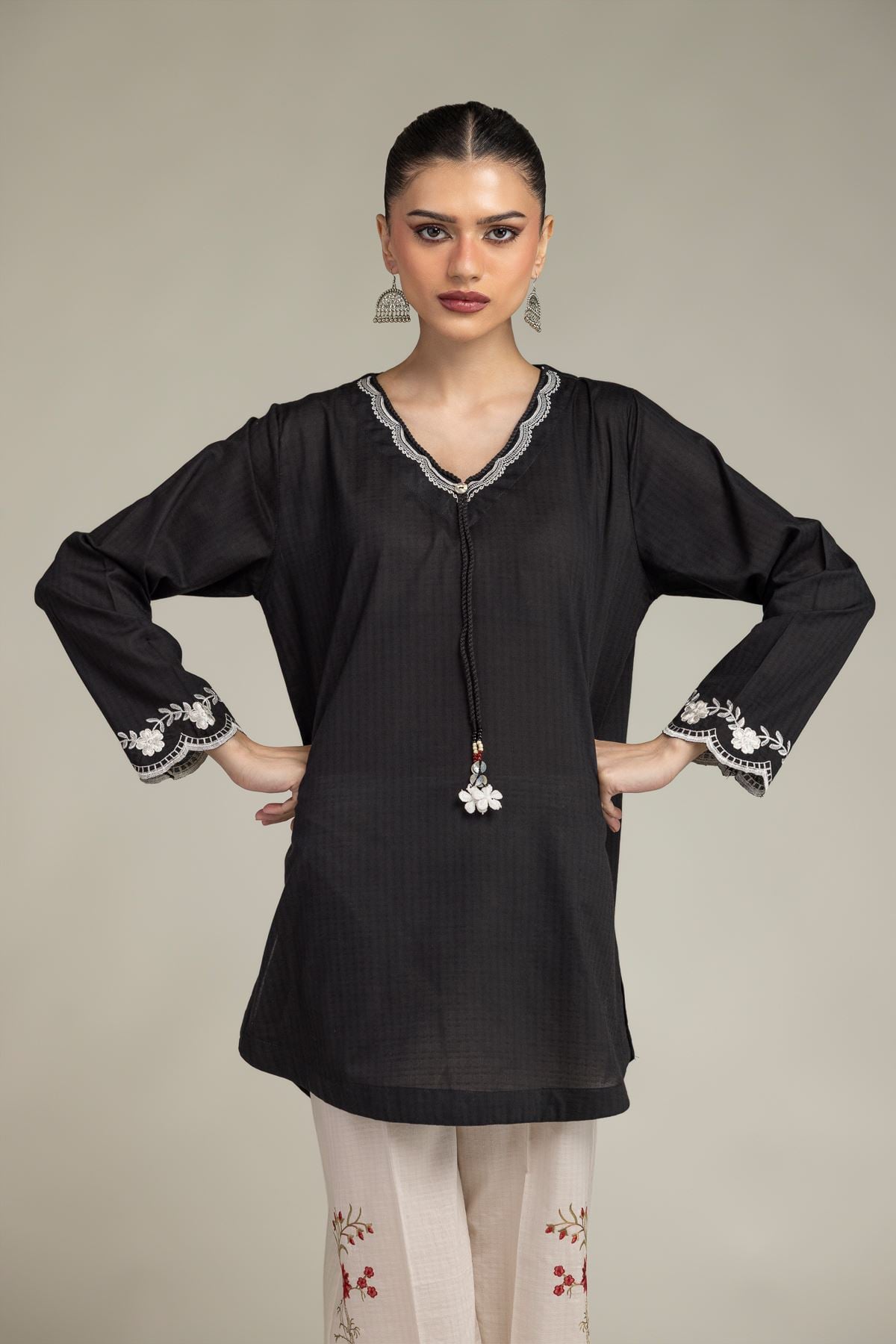 Embroidered Cotton Dobby Black V-Neck Kurta - 1-26-203-A-H1-VG