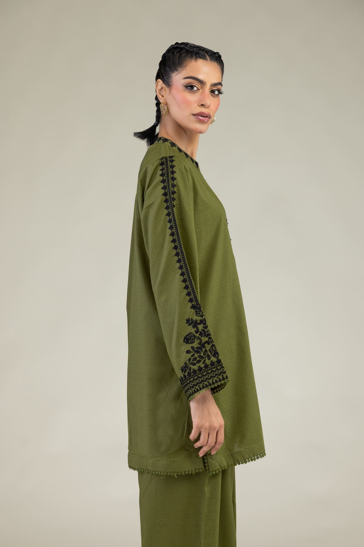 Embroidered Cotton Dobby Cotton Olive Kurta - 1-26-240-A-I1-VG