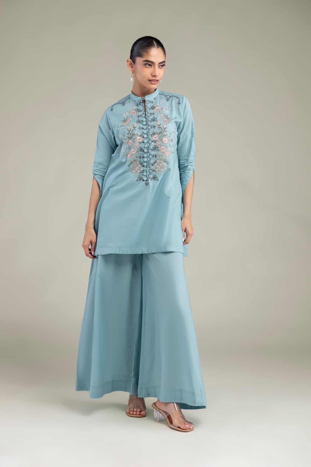 Embroidered Cambric Blue Floral Kurta - 1-26-102-A-F-VG