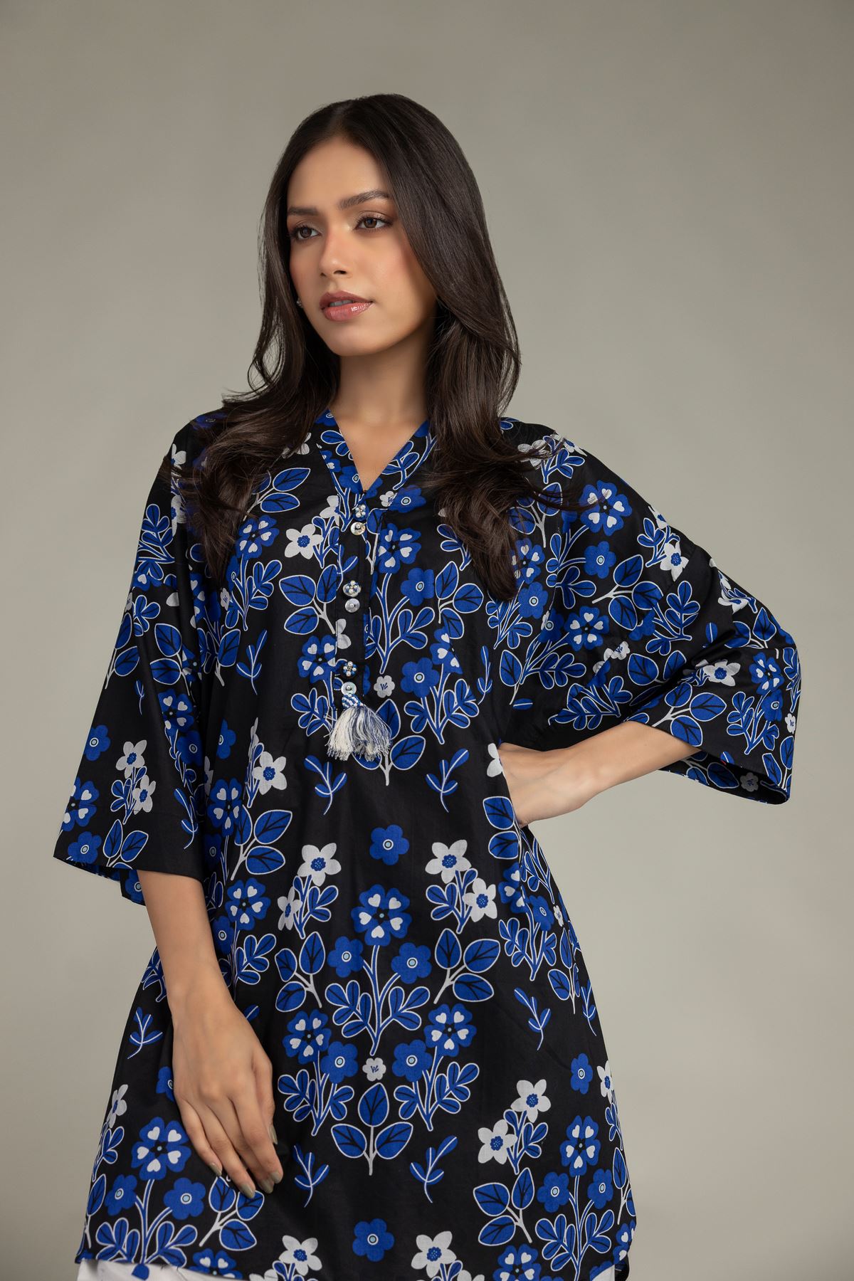 Printed Cambric Floral V-Neck Kurta - 2-26-210-A-C1-VG