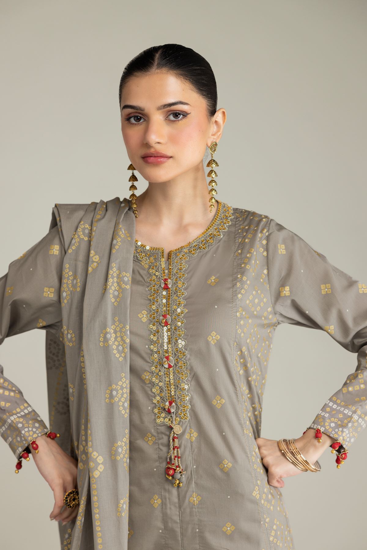Embroidered Cambric 3-Piece Co-ord Set - T-A11-26-116FG1-VG