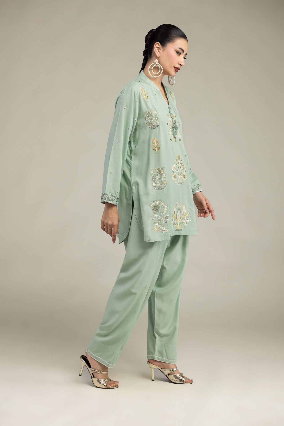 Embroidered Raw Silk Floral Mint Shalwar - 2-26-212-A-E1-VG