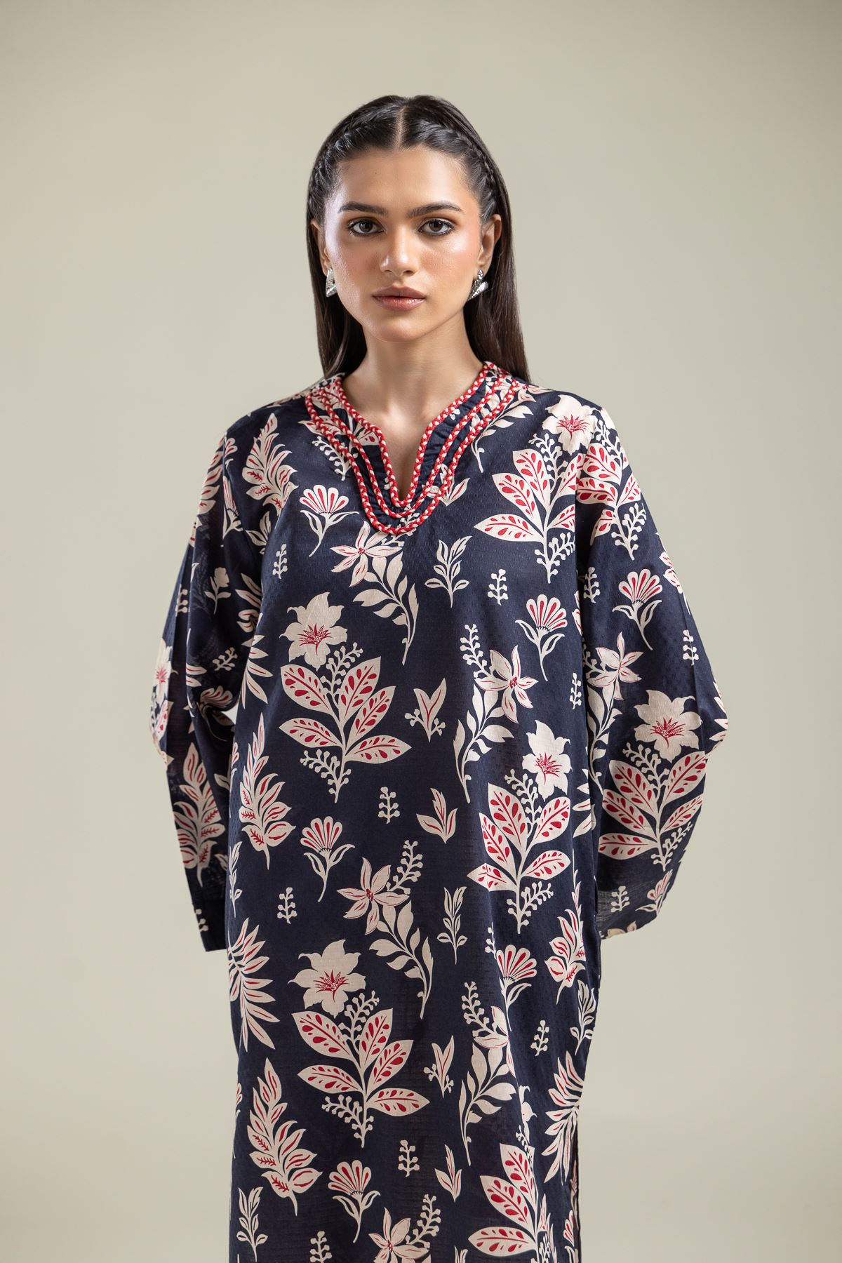 Printed Cotton Dobby V-Neck Navy Kurta - 1-26-204-A-H1-VG