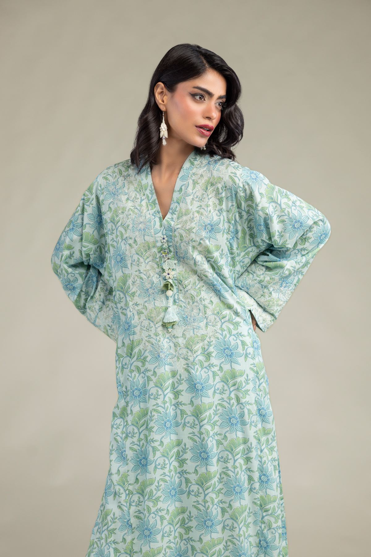 Embroidered Raw Silk Long Floral Kurta - 1-26-309-B-D1-VG
