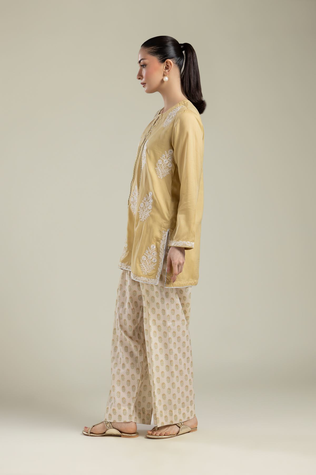 Embroidered Textured Weave Beige Printed Pants - 1-26-106-A-H-VG