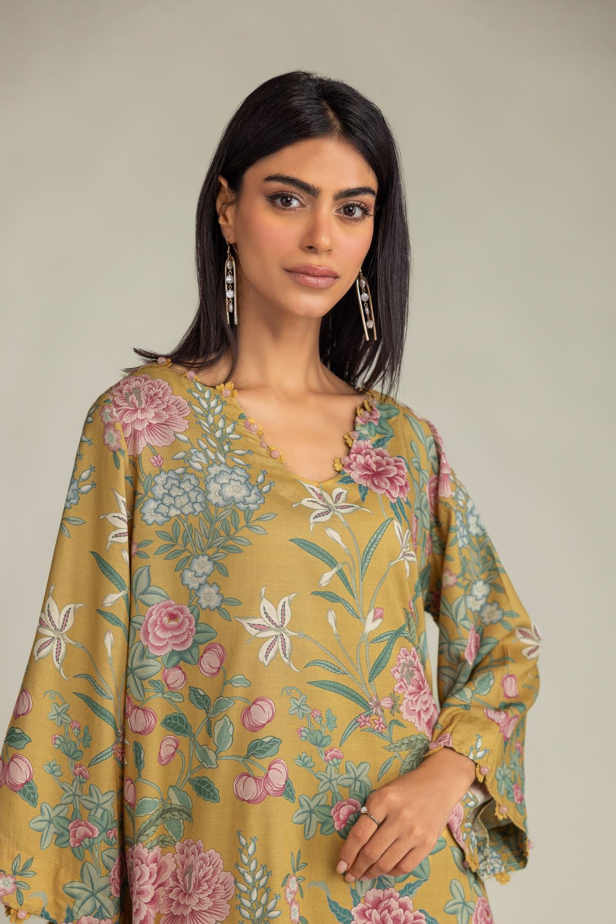 Printed Raw Silk Short Mustard Kurta - 1-26-309-B-D1-VG