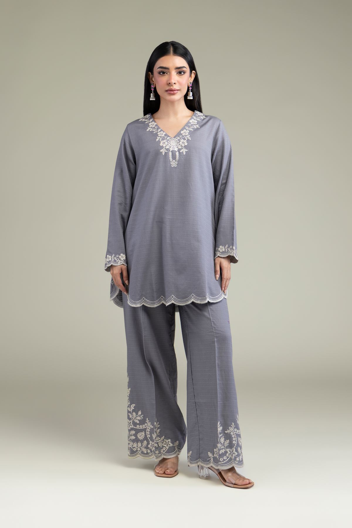 Embroidered Cotton Dobby Gray Floral Pants - 25-09-12E2-05TA-VG
