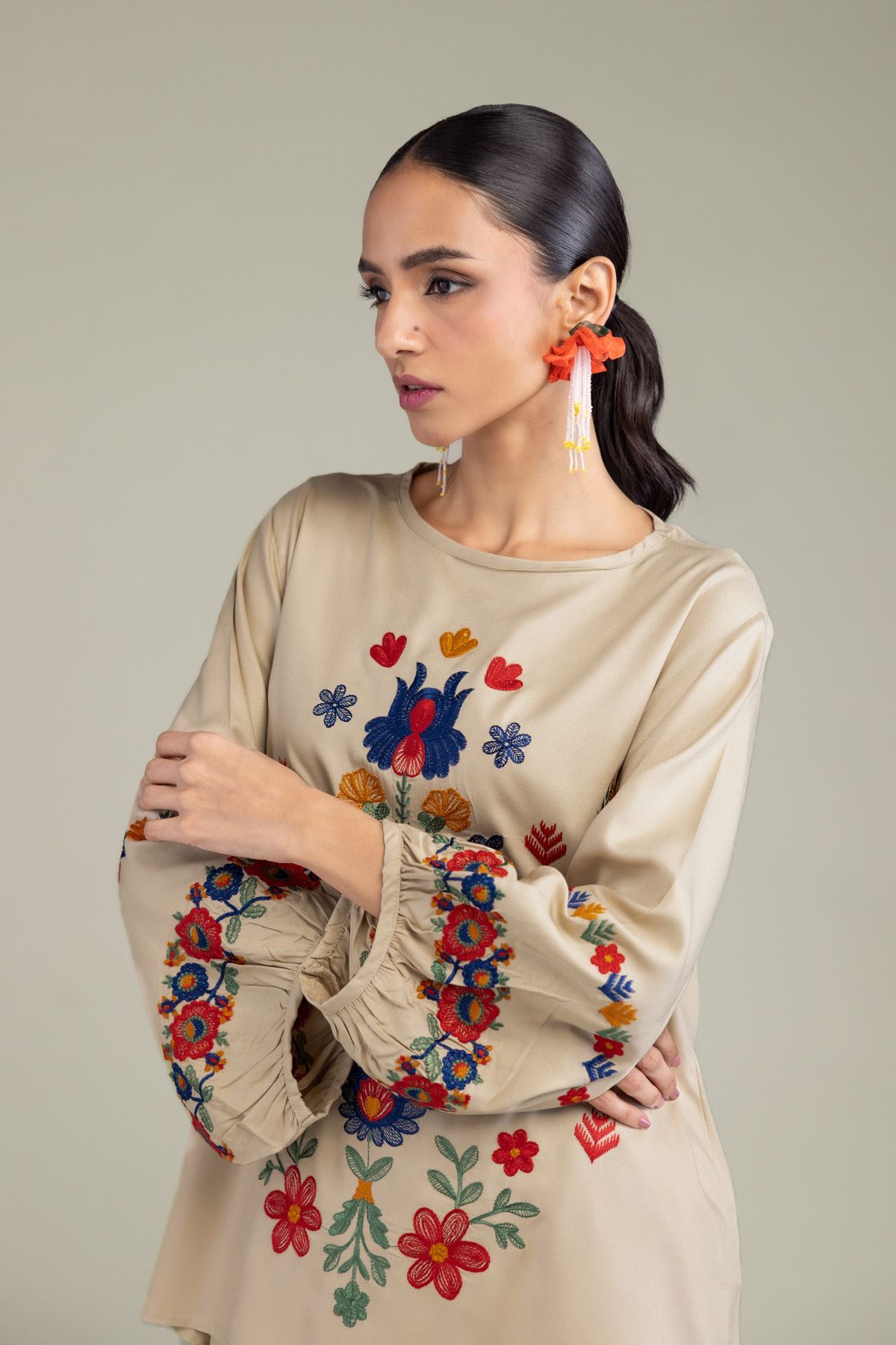 Embroidered Viscose Crepe Floral Beige Blouse - 6-26-202-A-G1-VG