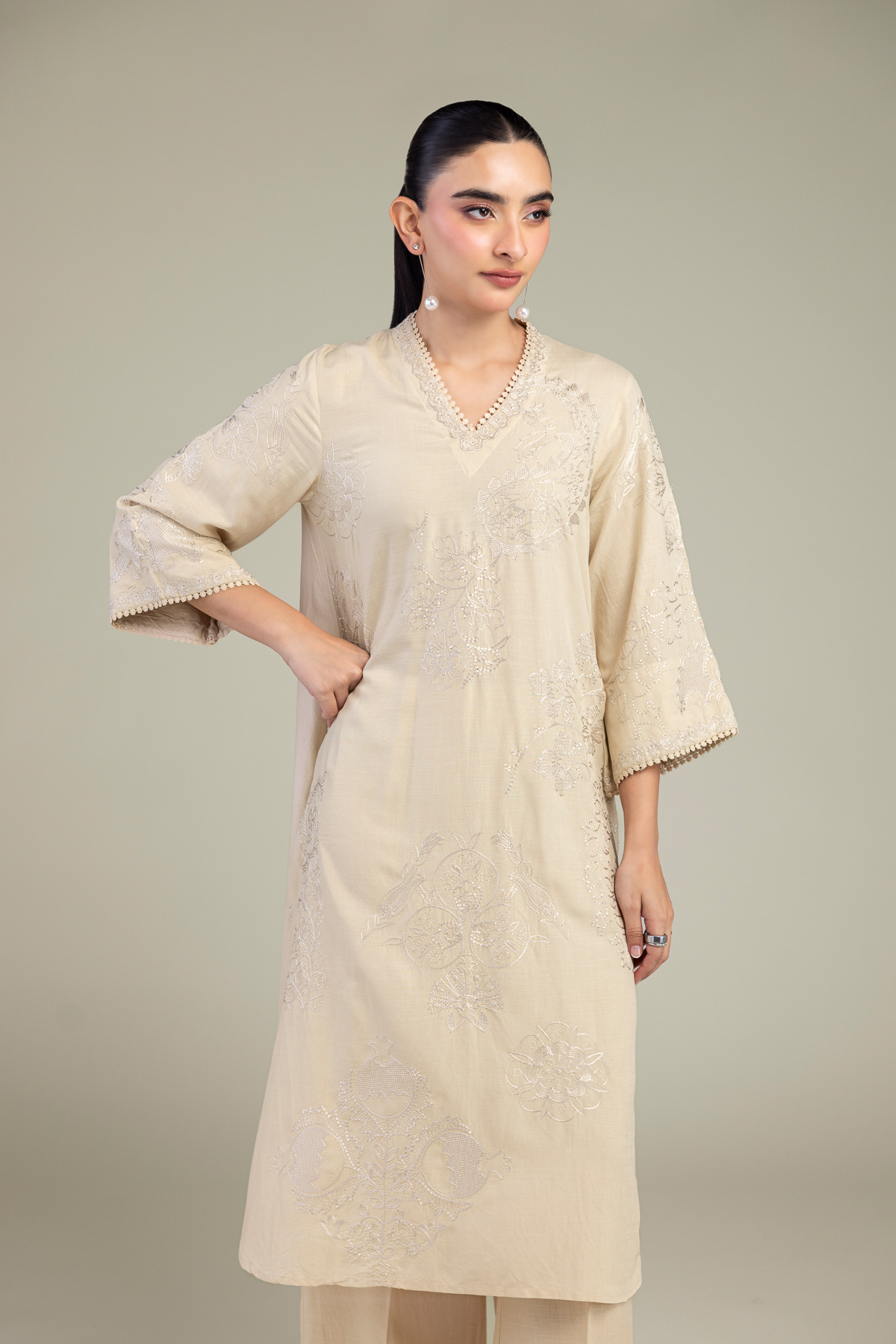 Embroidered Raw Silk Floral V-Neck Kurta - A22-26-214FH1-VG