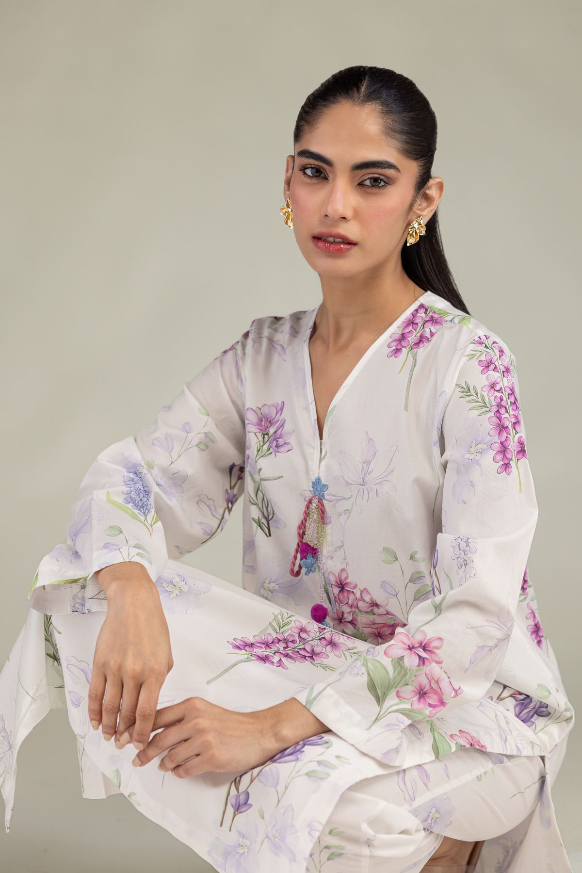 Printed Cotton Viscose White V-Neck Kurta - T-CHD04A-R-VG
