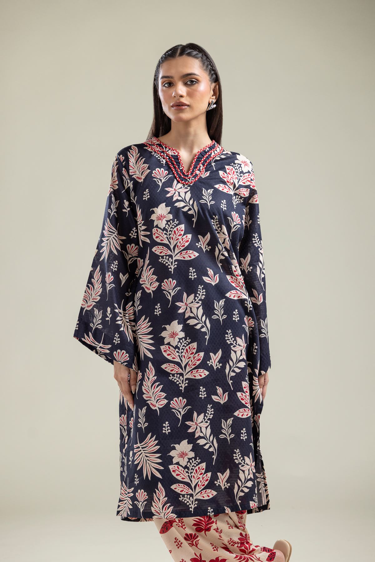 Printed Cotton Dobby V-Neck Navy Kurta - 1-26-204-A-H1-VG