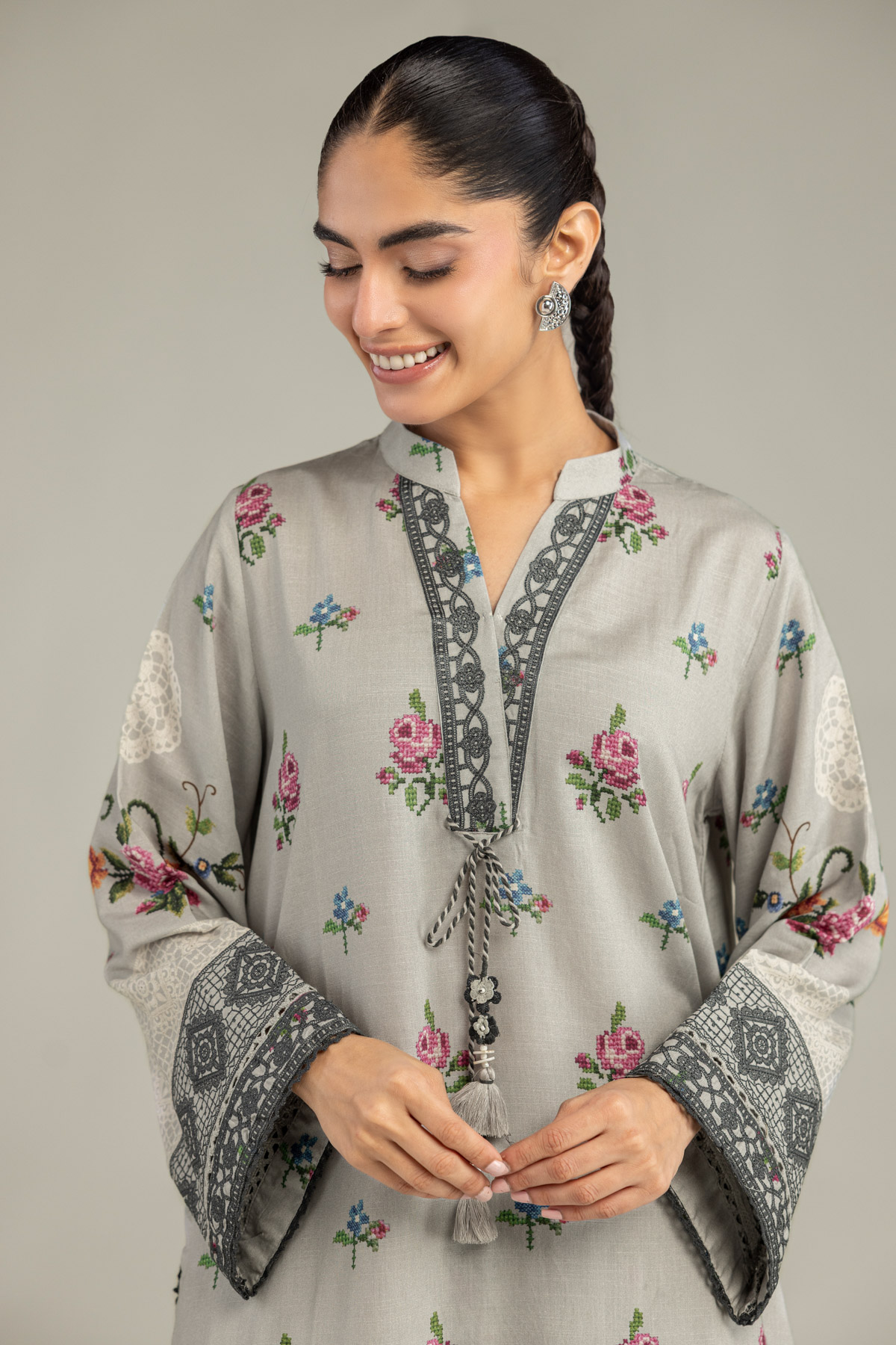 Embroidered Raw Silk Floral Gray Kurta - B1-2-26-106-A-C-VG