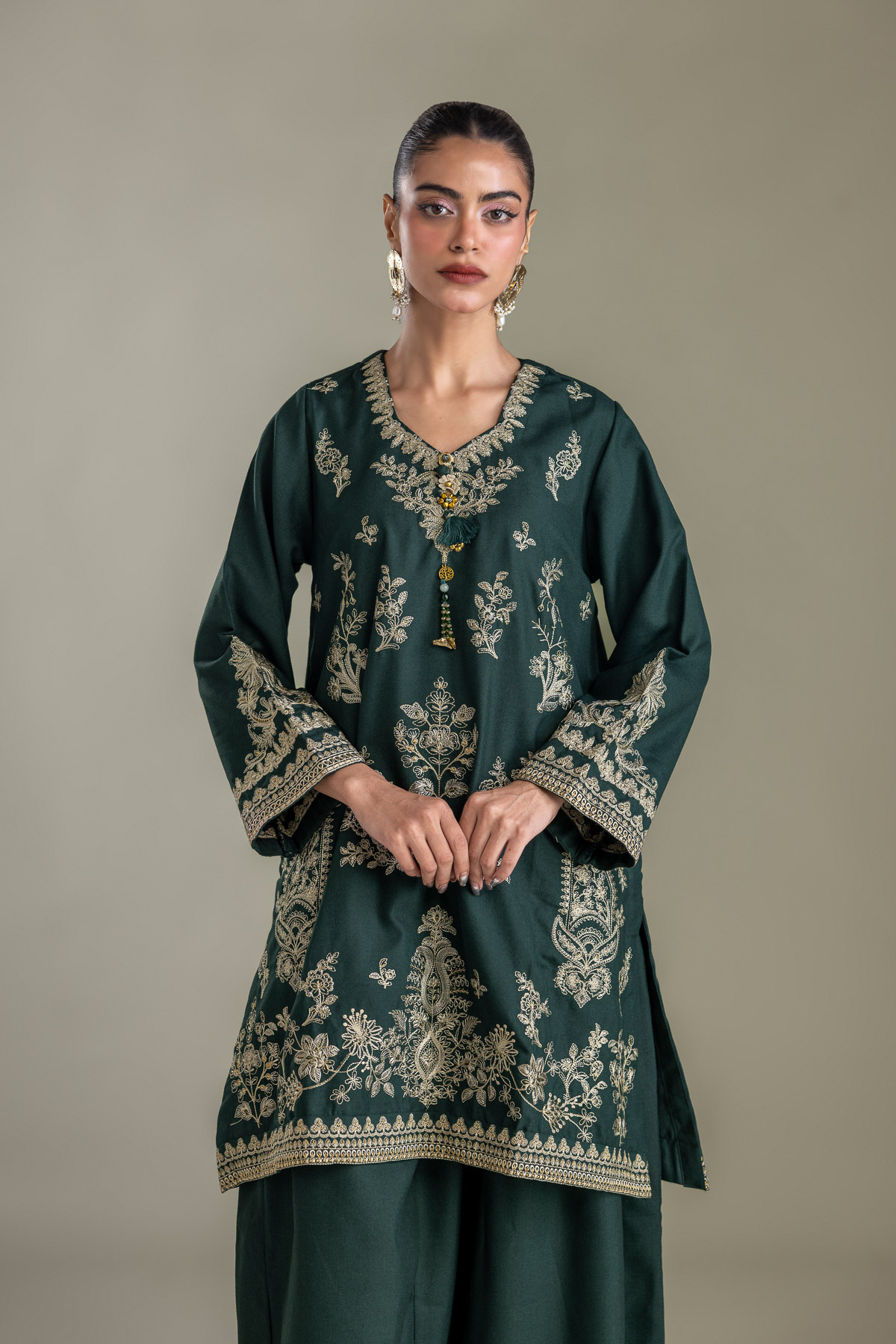 Embroidered Heavy Blended Viscose Dark Green Kurta - 1-26-433-A-D1-VG