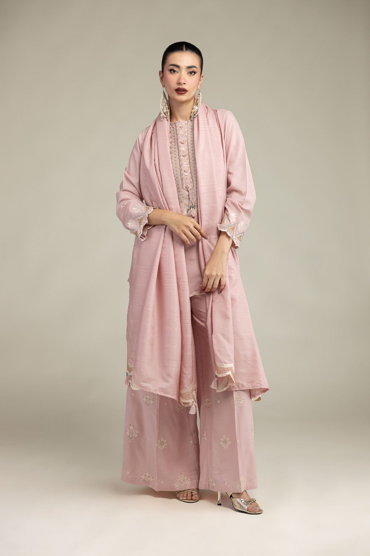 Embroidered Raw Silk Floral Pink Pants - 2-26-212-A-D1-VG