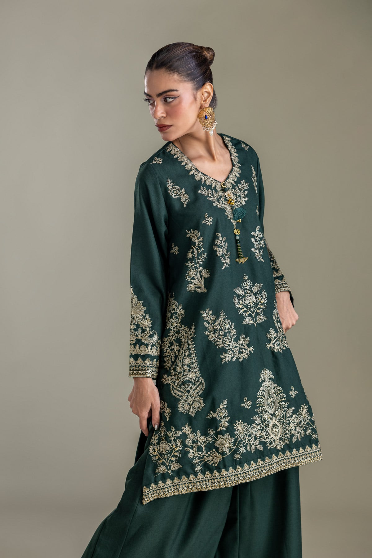 Embroidered Heavy Blended Viscose Dark Green Kurta - 1-26-431-A-D1-VG