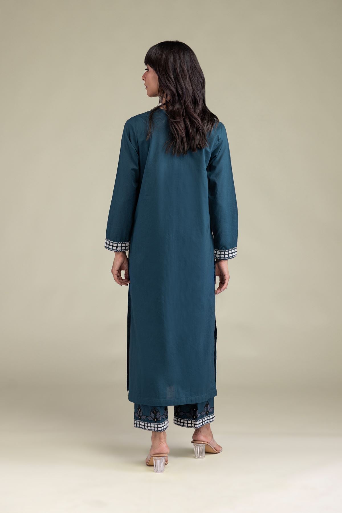 Embroidered Cambric Teal Longline Kurta - 2-26-212-A-H1-VG