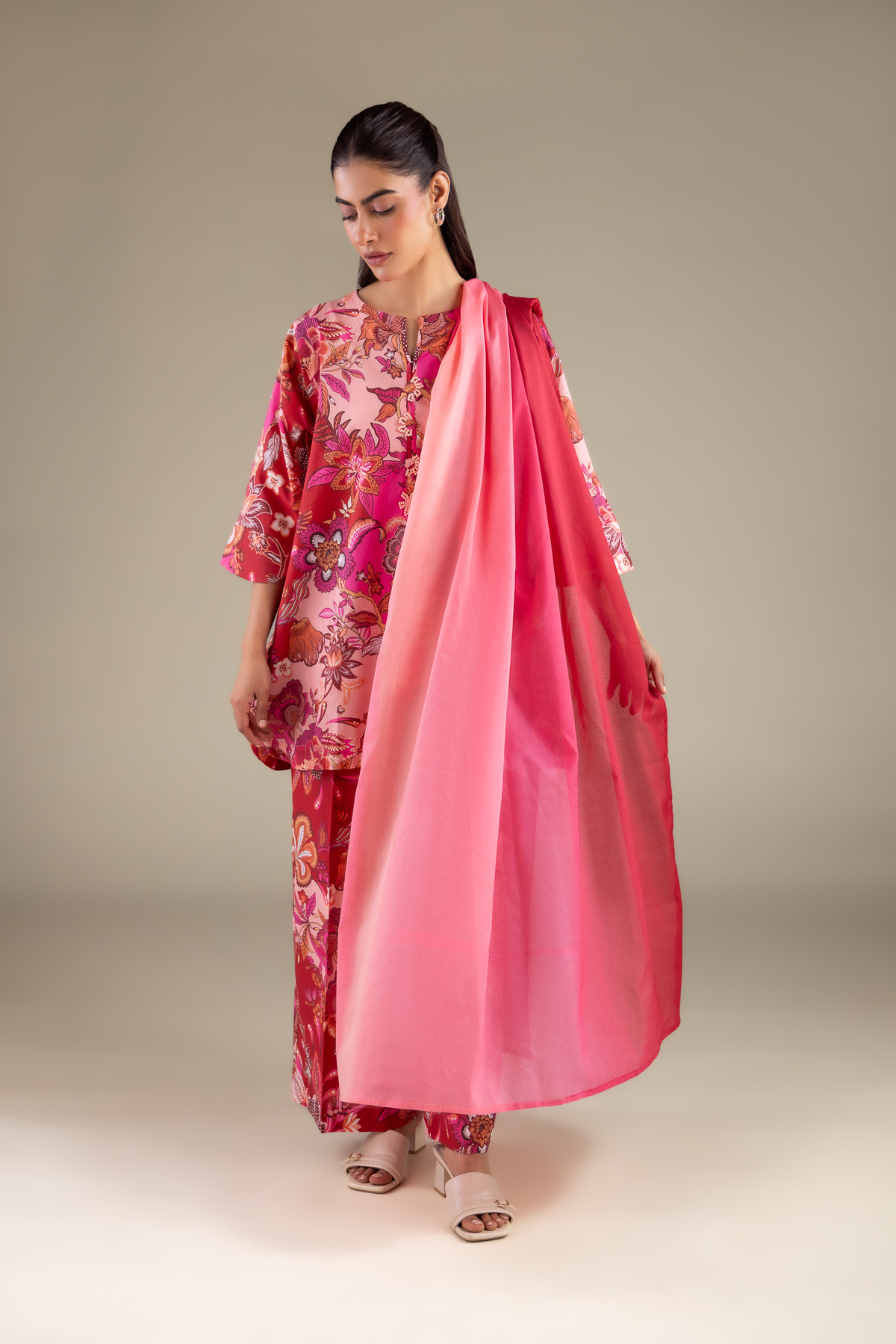 Printed Lawn Solid Draped Dupatta - 1-26-129-A-C-VG