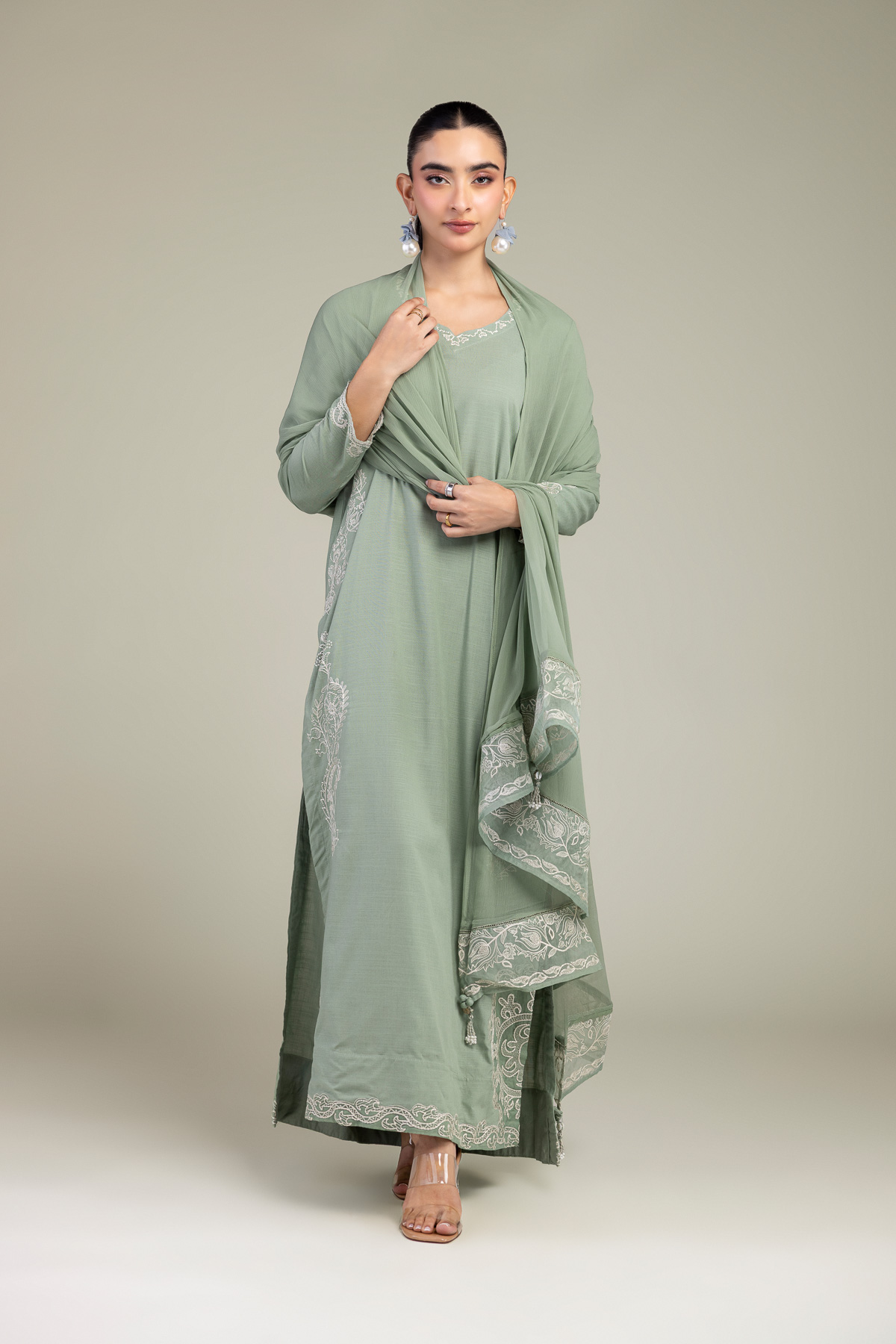 Embroidered Raw Silk Mint Silk Pants - 1-26-102-A-F-VG