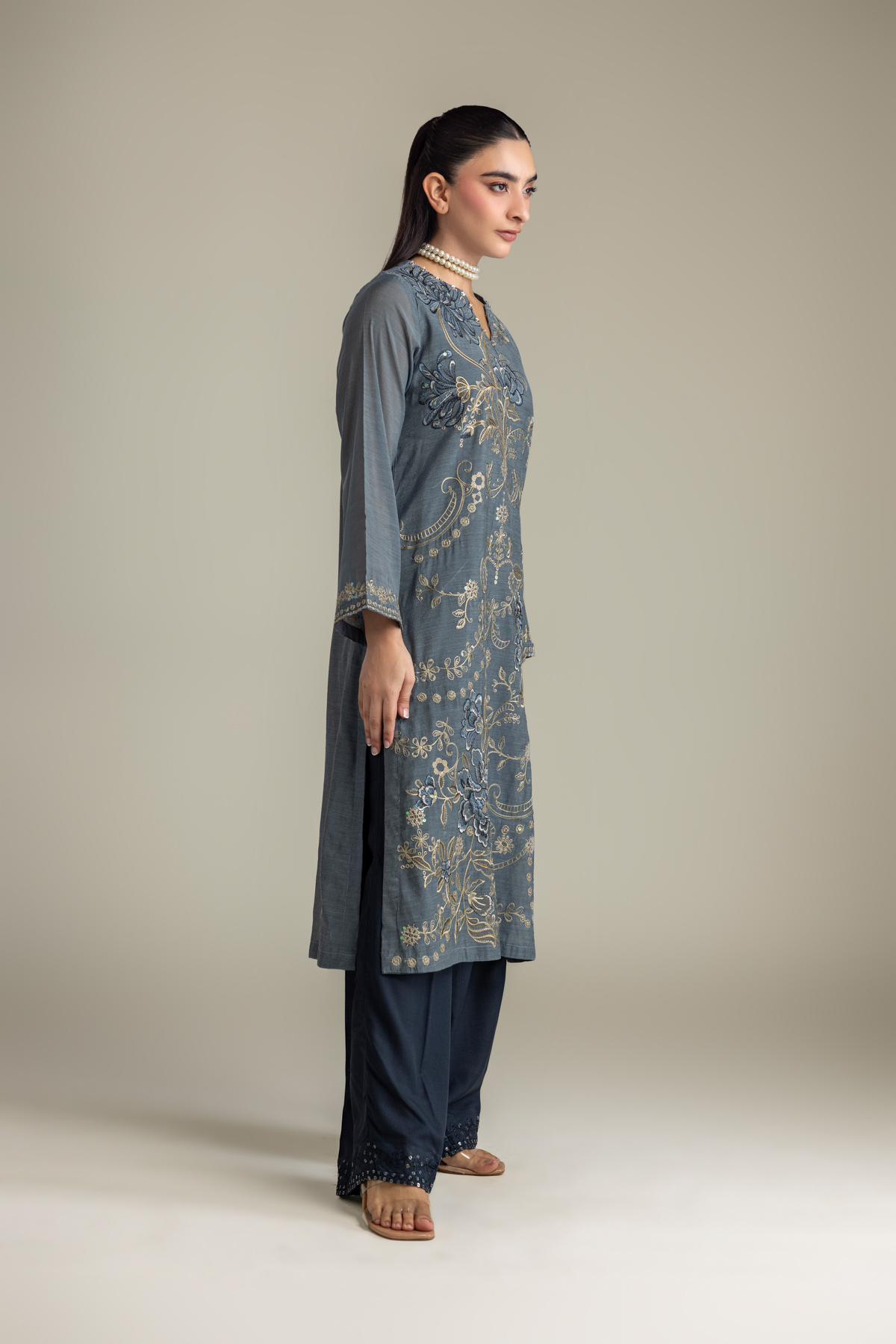 Embroidered Raw Silk Floral Navy Pants - 2-26-418-A-A1-VG