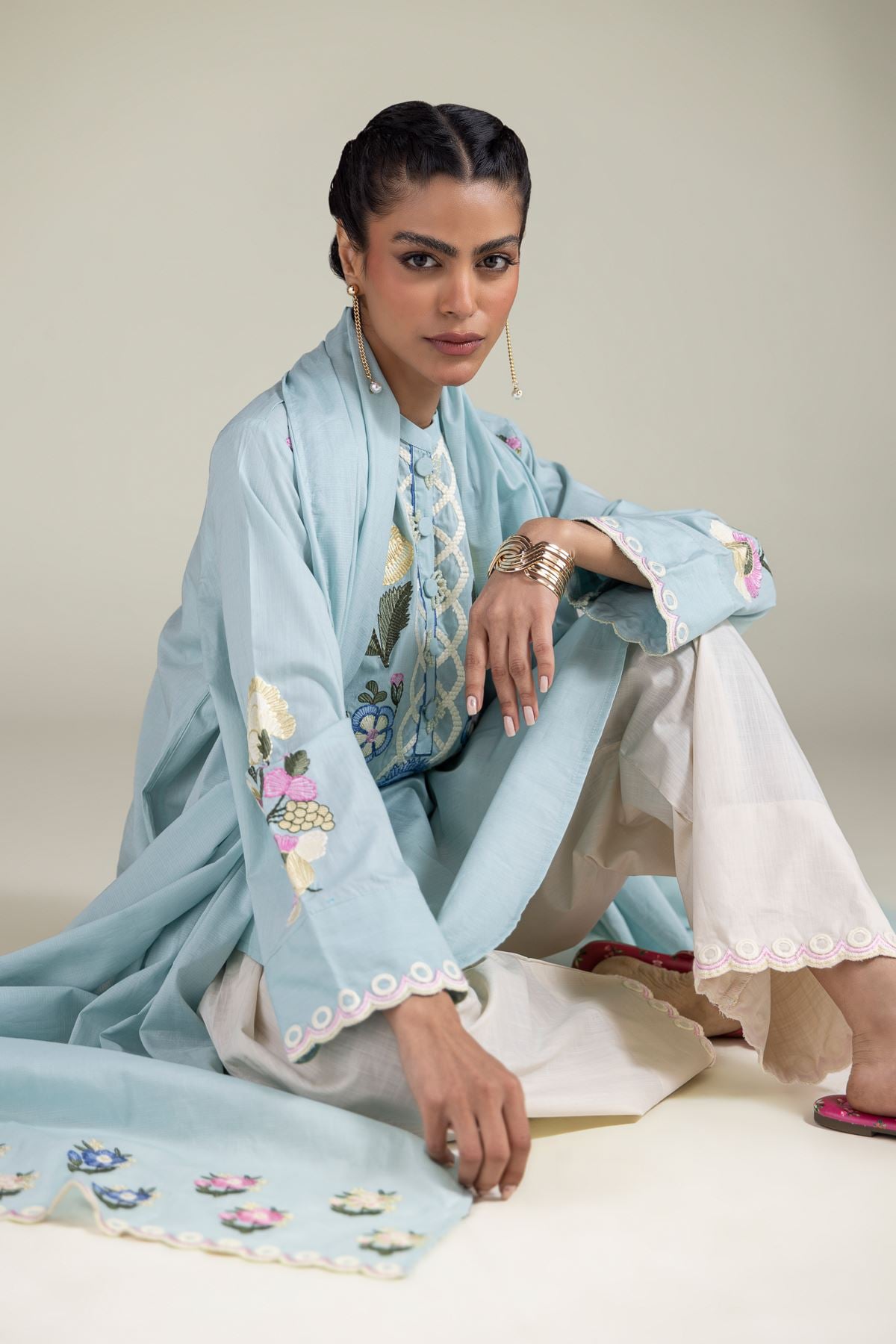 Embroidered Textured Cotton Floral Band Collar Kurta - 1-26-103-A-A-VG