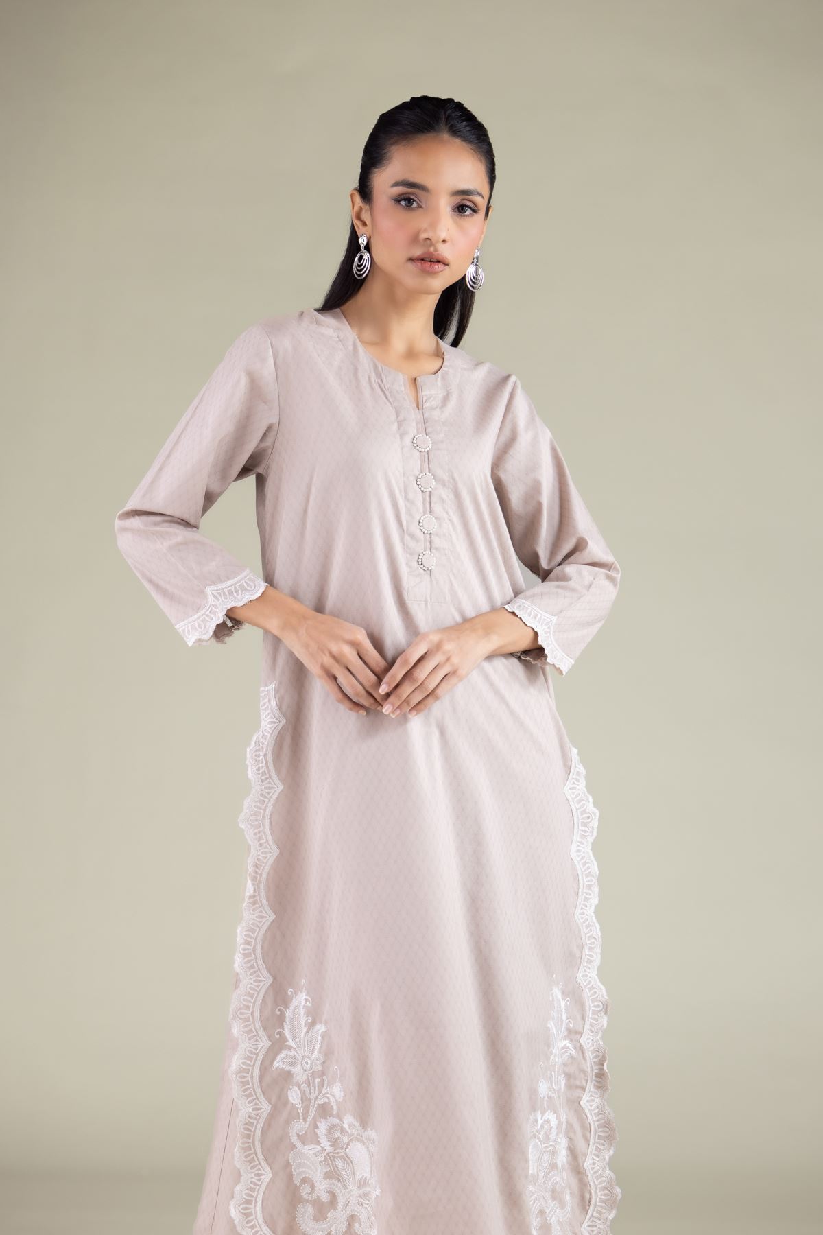 Embroidered Cotton Dobby Lace Longline Kurta - 1-26-125-A-D-VG