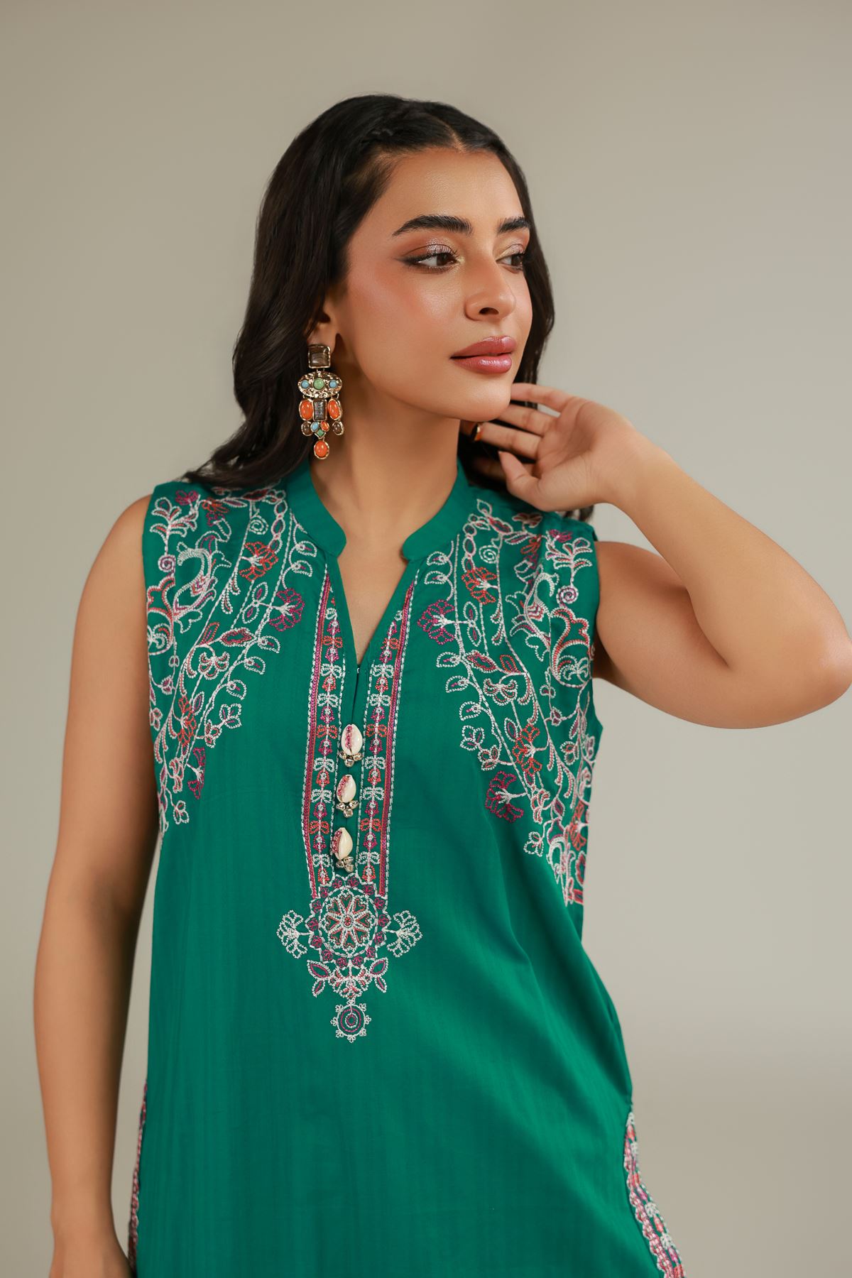 Embroidered Cotton Dobby Green Sleeveless Kurta - 25-09-11E11-07TB-VG