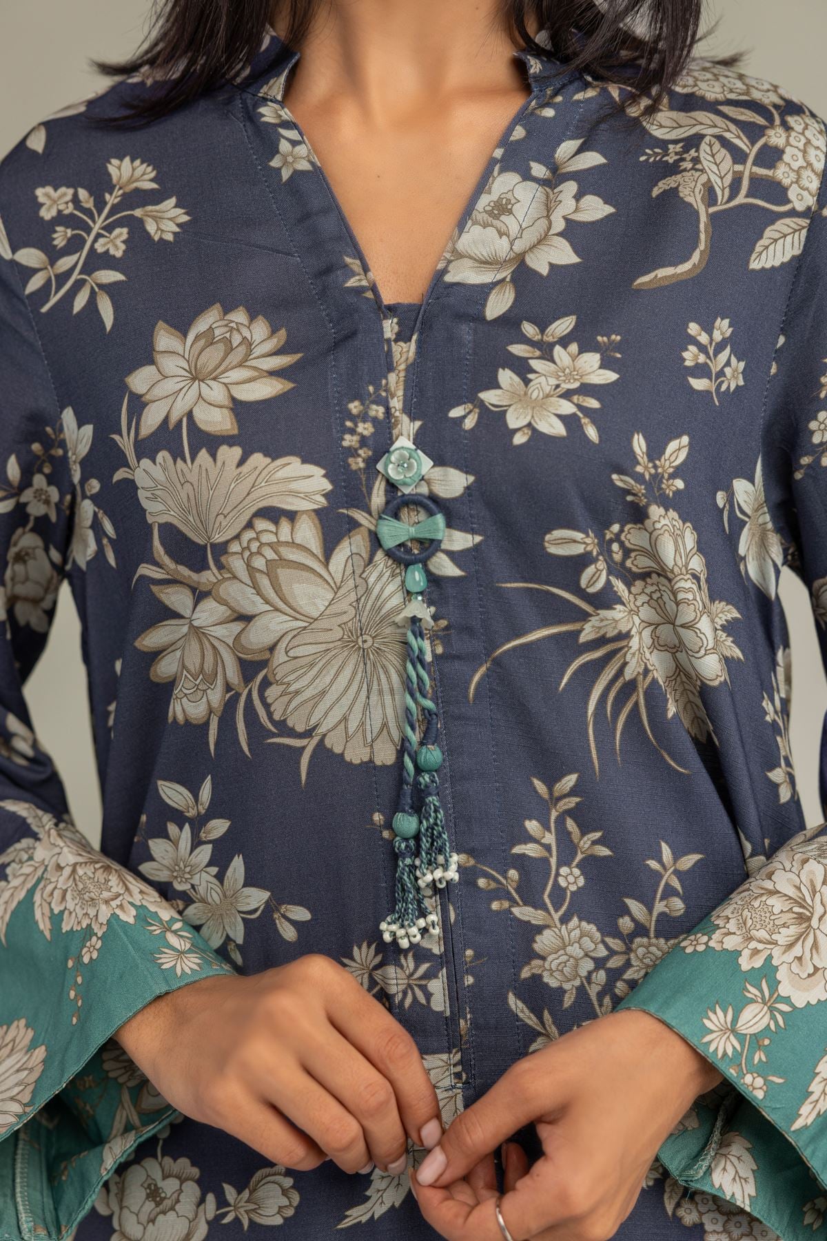 Printed Raw Silk Floral Longline Kurta - 12-26-301-A-E1-VG