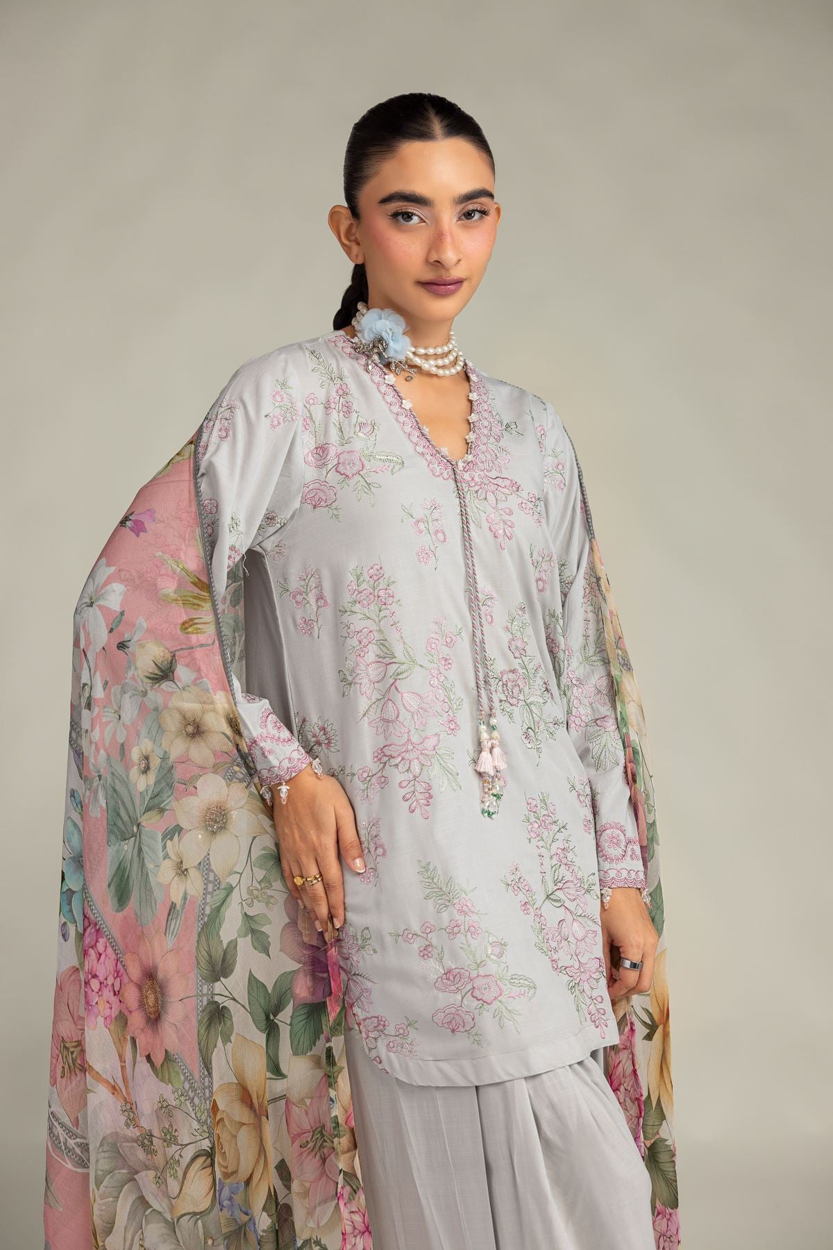 Embroidered Raw Silk Floral V-Neck Kurta - 1-26-322-B-A1-VG