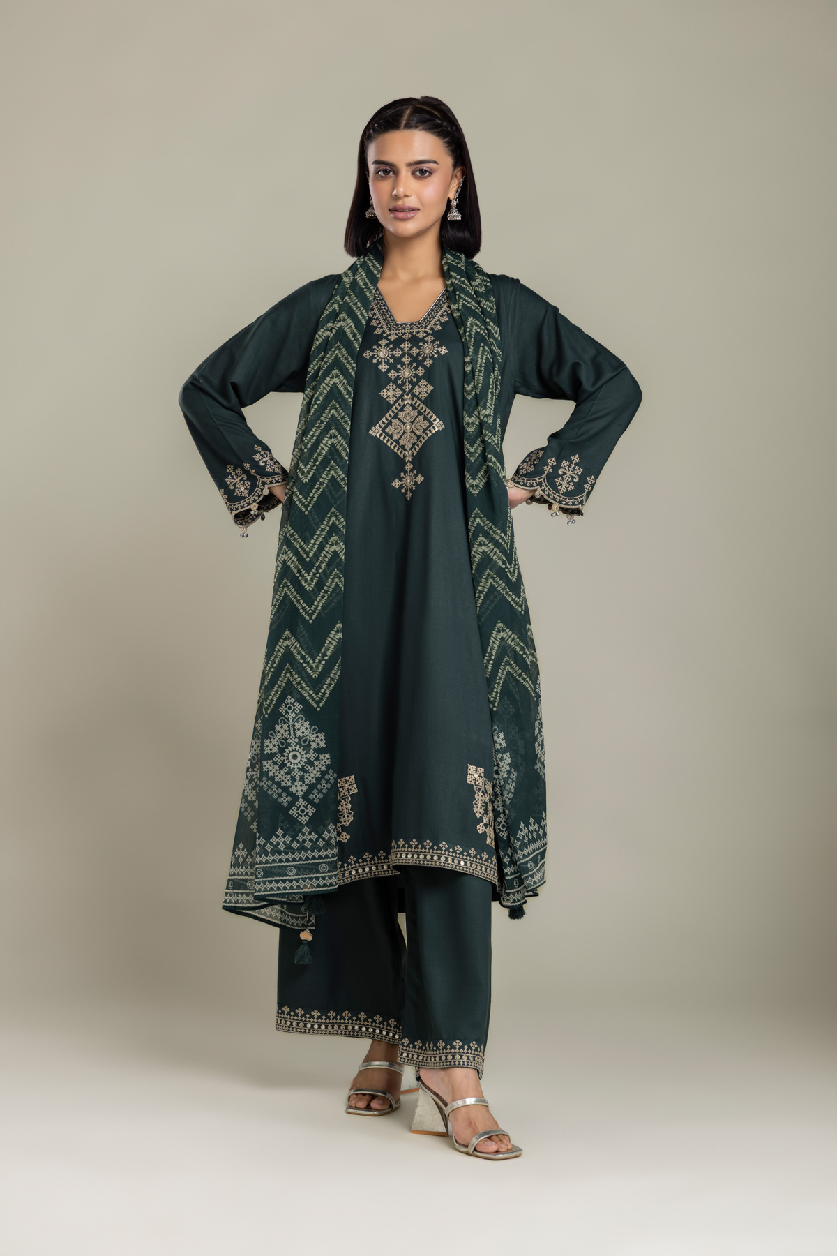 Embroidered Raw Silk 3-Piece Tailored Set - 1-26-408-A-B1-VG