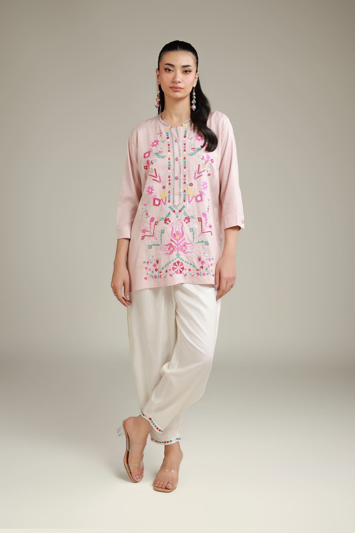 Embroidered Viscose Crepe White Viscose Trousers - 6-26-103-A-D-VG