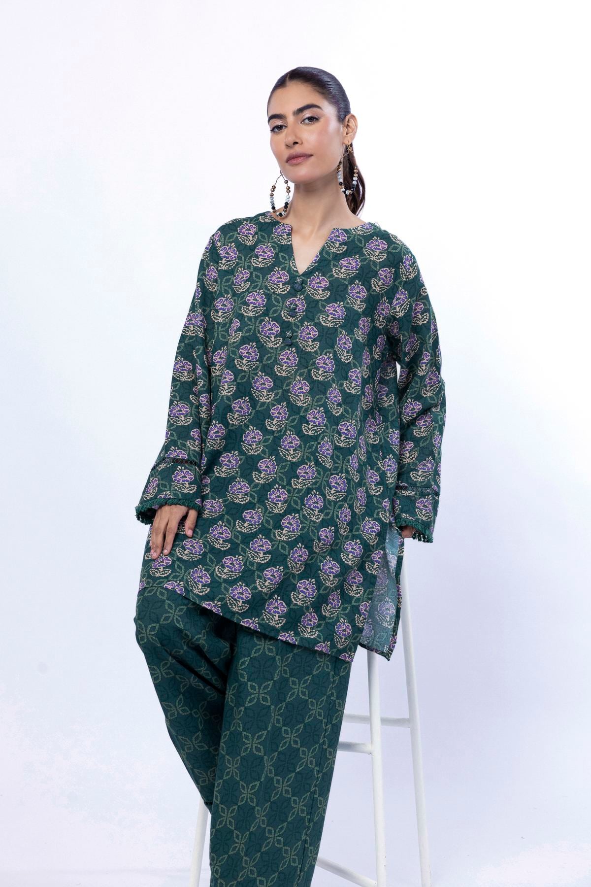 Printed Khaddar Fabrics 2 Piece | Top and Bottom - 1001902149