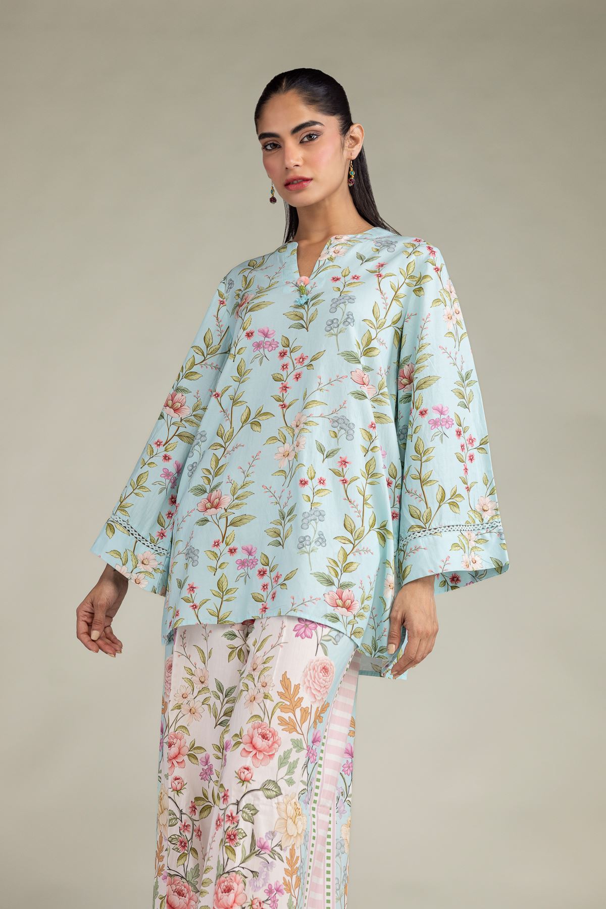Printed Cotton Viscose Blue V-Neck Kurta - 1-26-216-B-F1-VG