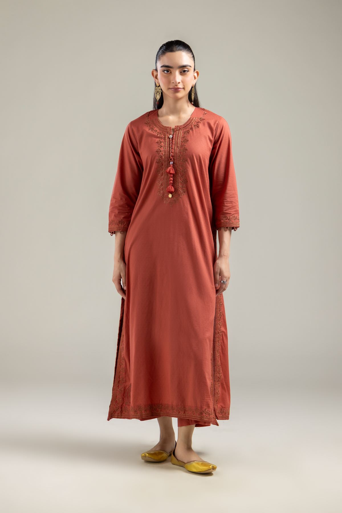 Embroidered Cotton Dobby Rust Cotton Pants - 1-26-121-A-E-VG