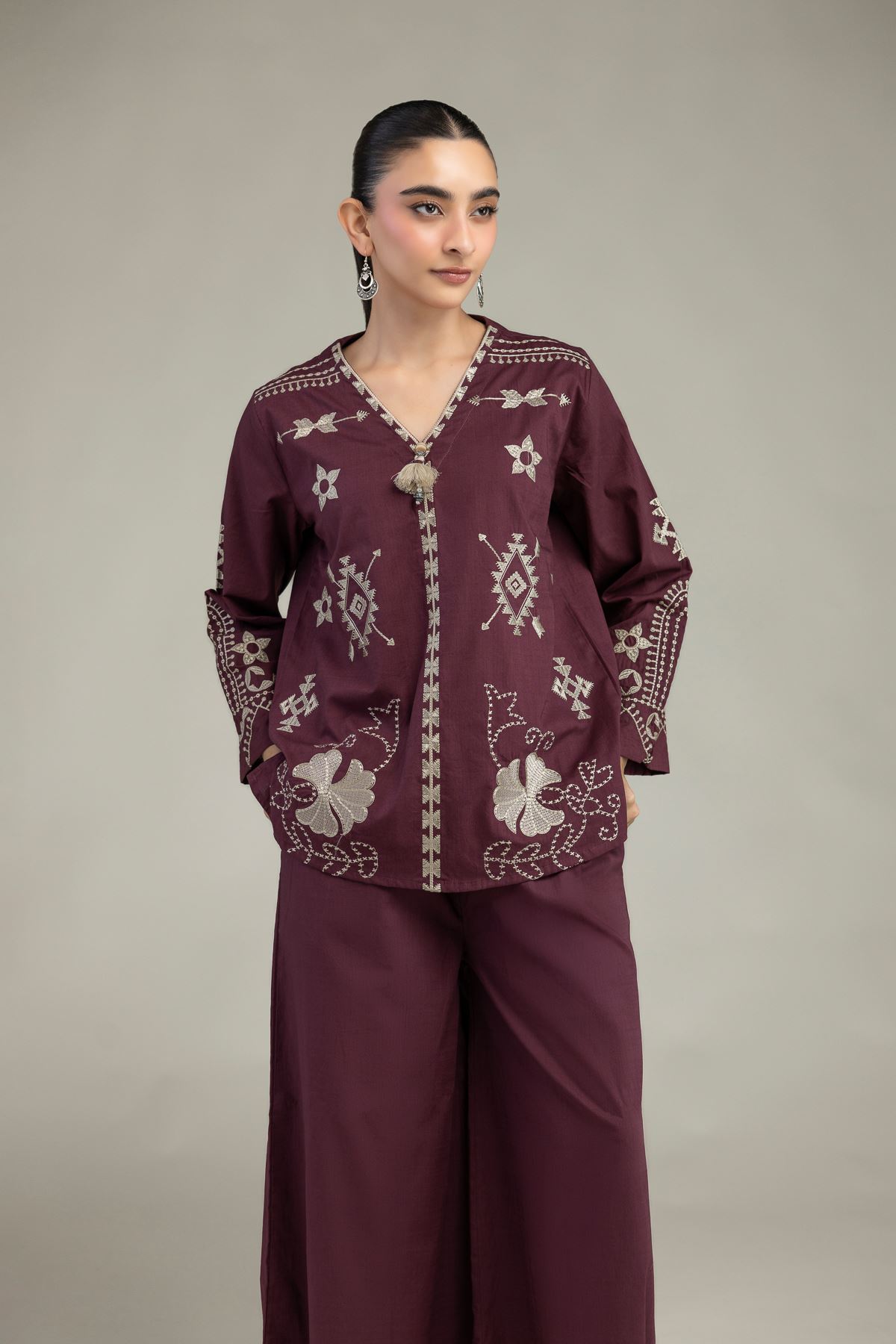 Embroidered Textured Cotton V-Neck Geometric Blouse - 6-26-204-A-D2-VG
