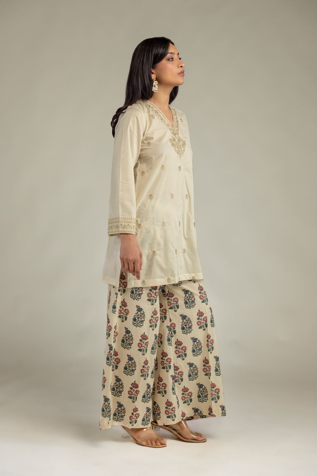 Embroidered Cambric Beige V-Neck Kurta - 8-26-303-A-C1-VG
