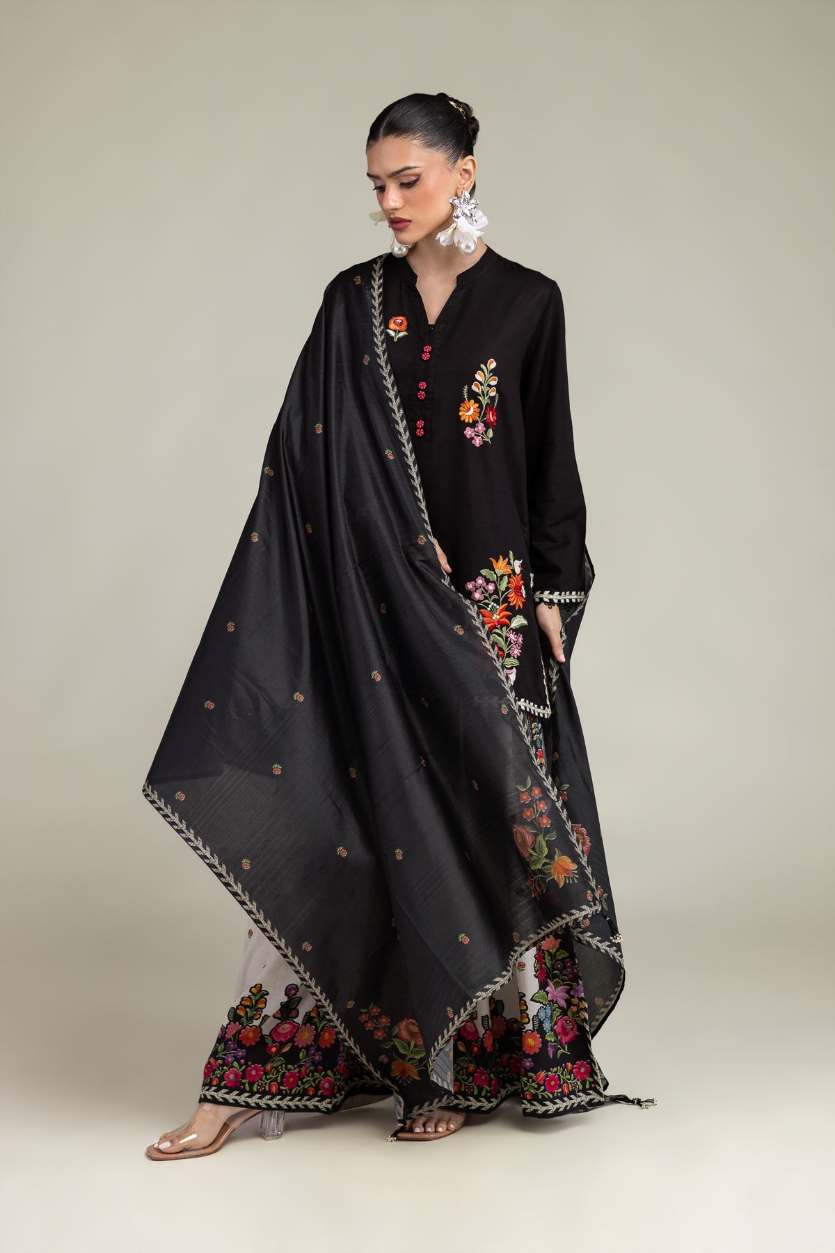 Embroidered Polyester Silk Black Floral Dupatta - 1-26-203-A-B1-VG