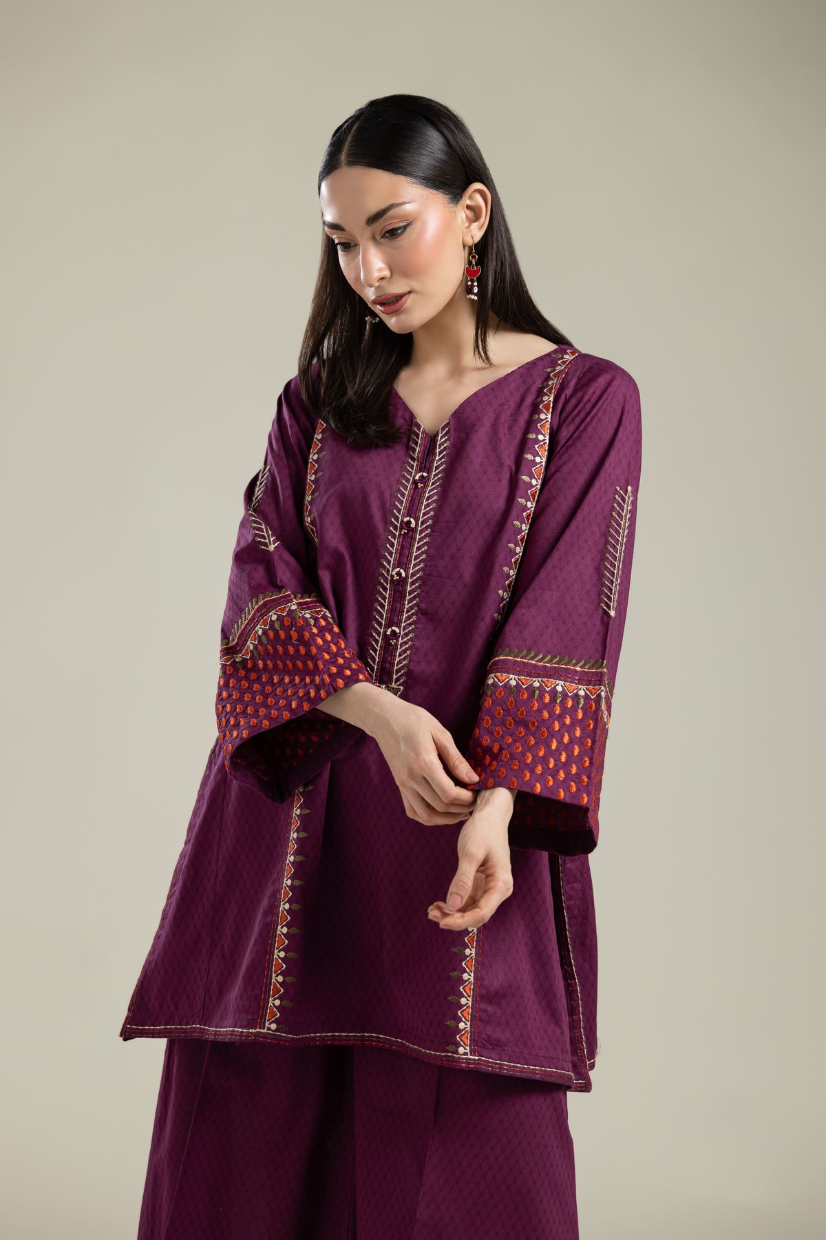 Embroidered Cotton Dobby V-Neck Cotton Kurta - 2-26-202-A-E-VG