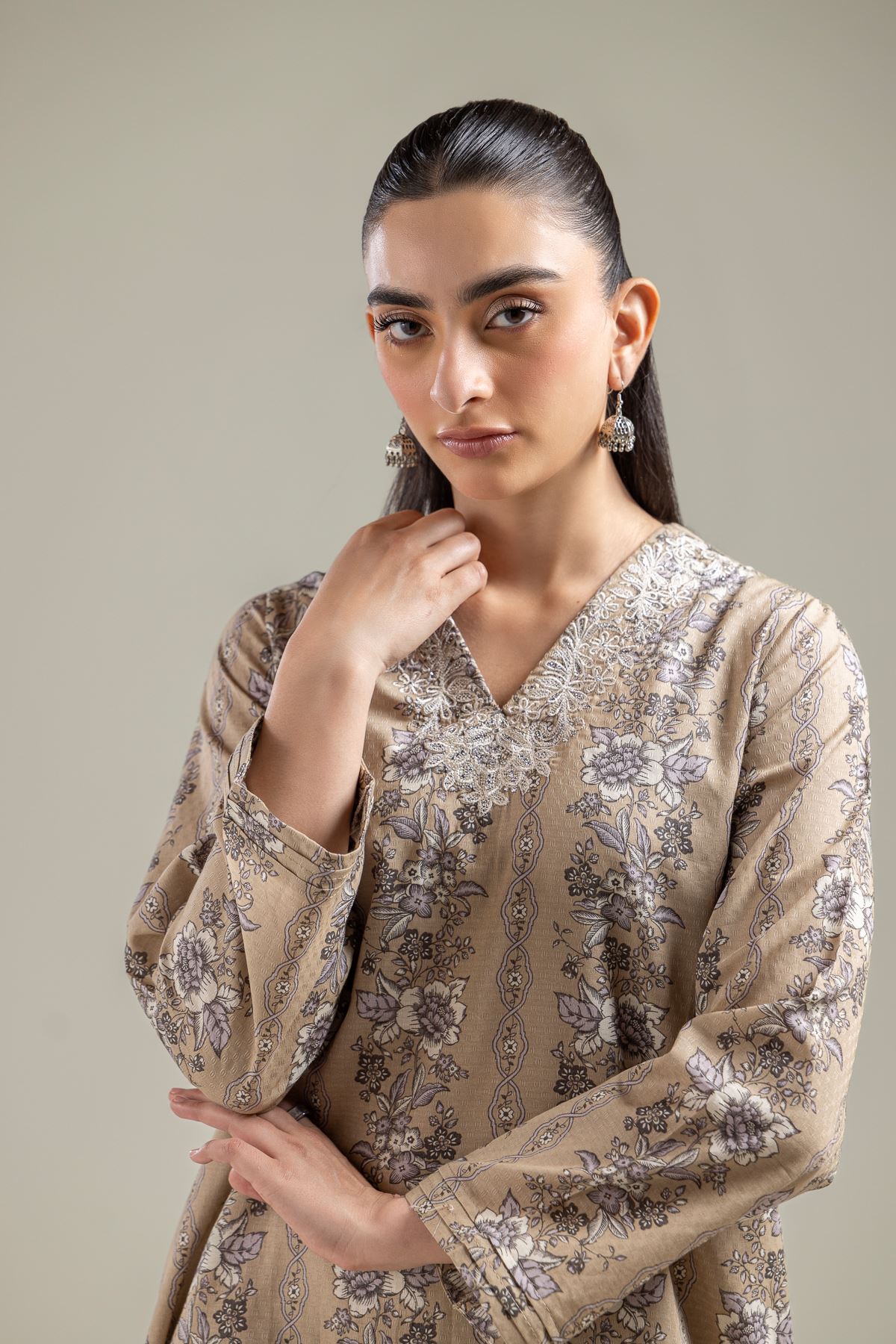 Embroidered Cotton Dobby Beige V-Neck Kurta - 1-26-142-A-B-VG
