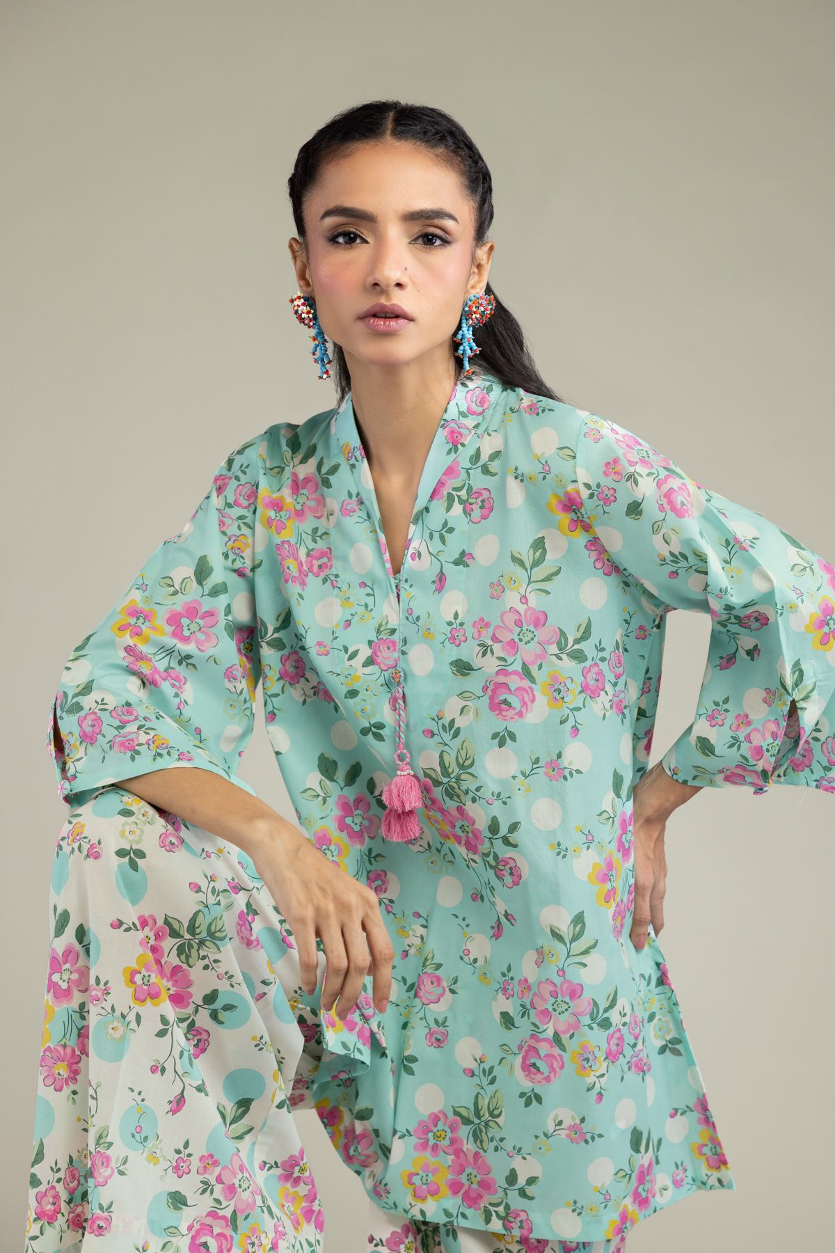 Printed Cambric Floral Mint Kurta - 25-10-12E7-10TB-VG