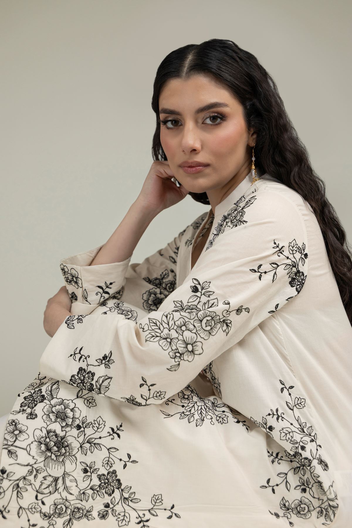 Embroidered Cambric Floral Longline Kurta - 1-26-231-A-F1-VG