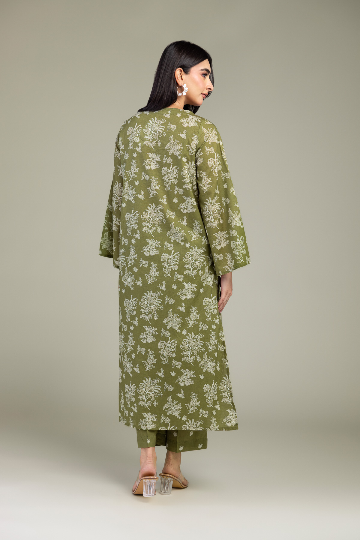 Embroidered Cambric Olive Longline Kurta - 1-26-102-A-F-VG