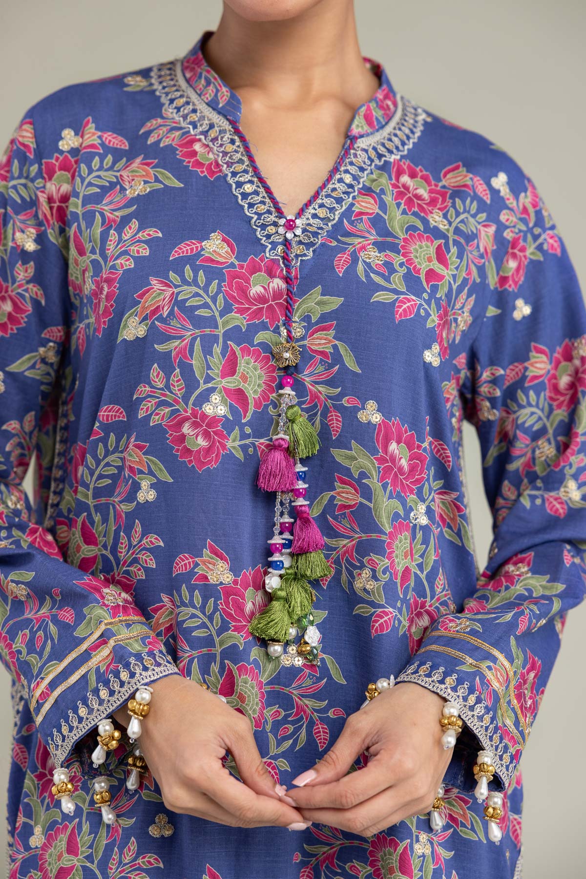 Embroidered Raw Silk Blue V-Neck Kurta - 1-26-102-A-F-VG