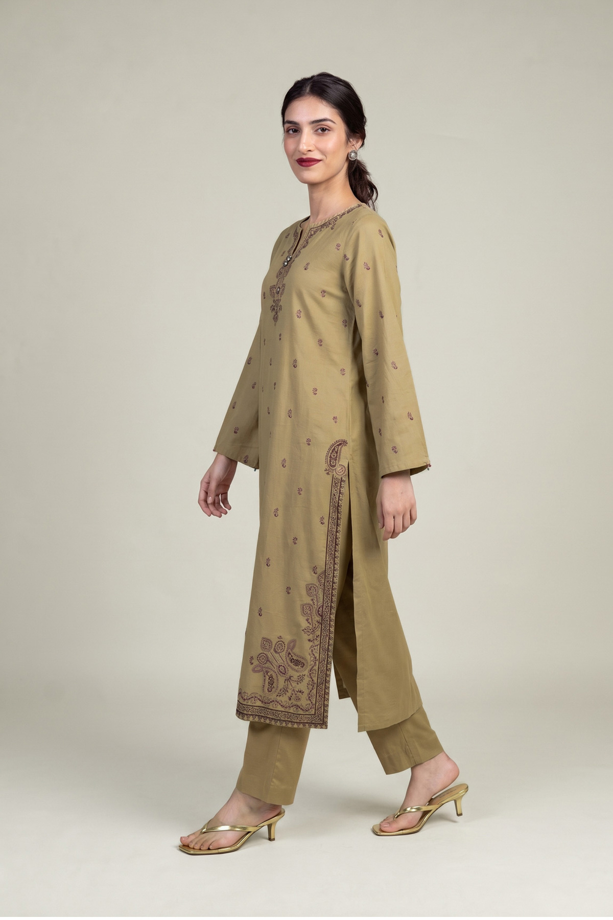 Embroidered Raw Silk Solid Olive Pants - 1-26-102-A-F-VG