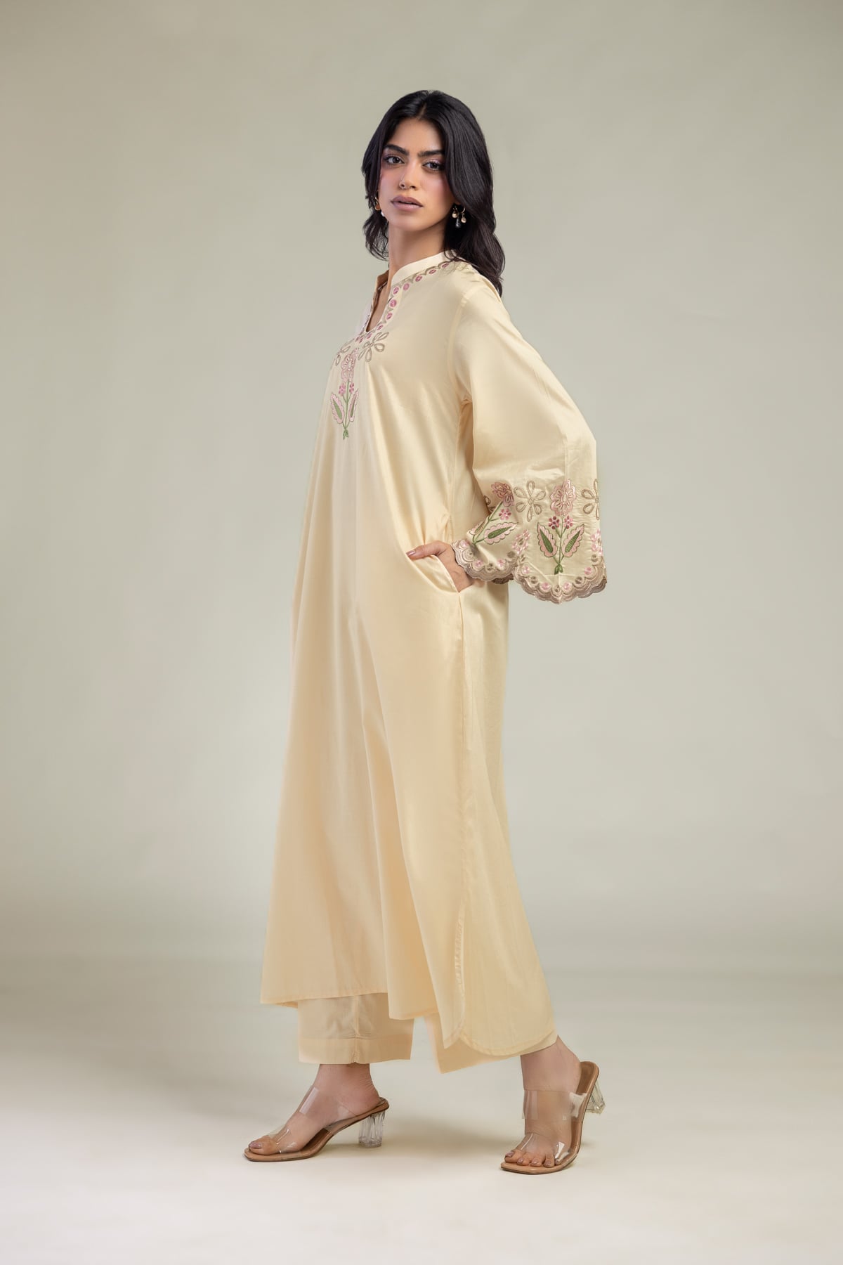 Embroidered Cambric Solid Beige Pants - 1-26-246-B-I1-VG
